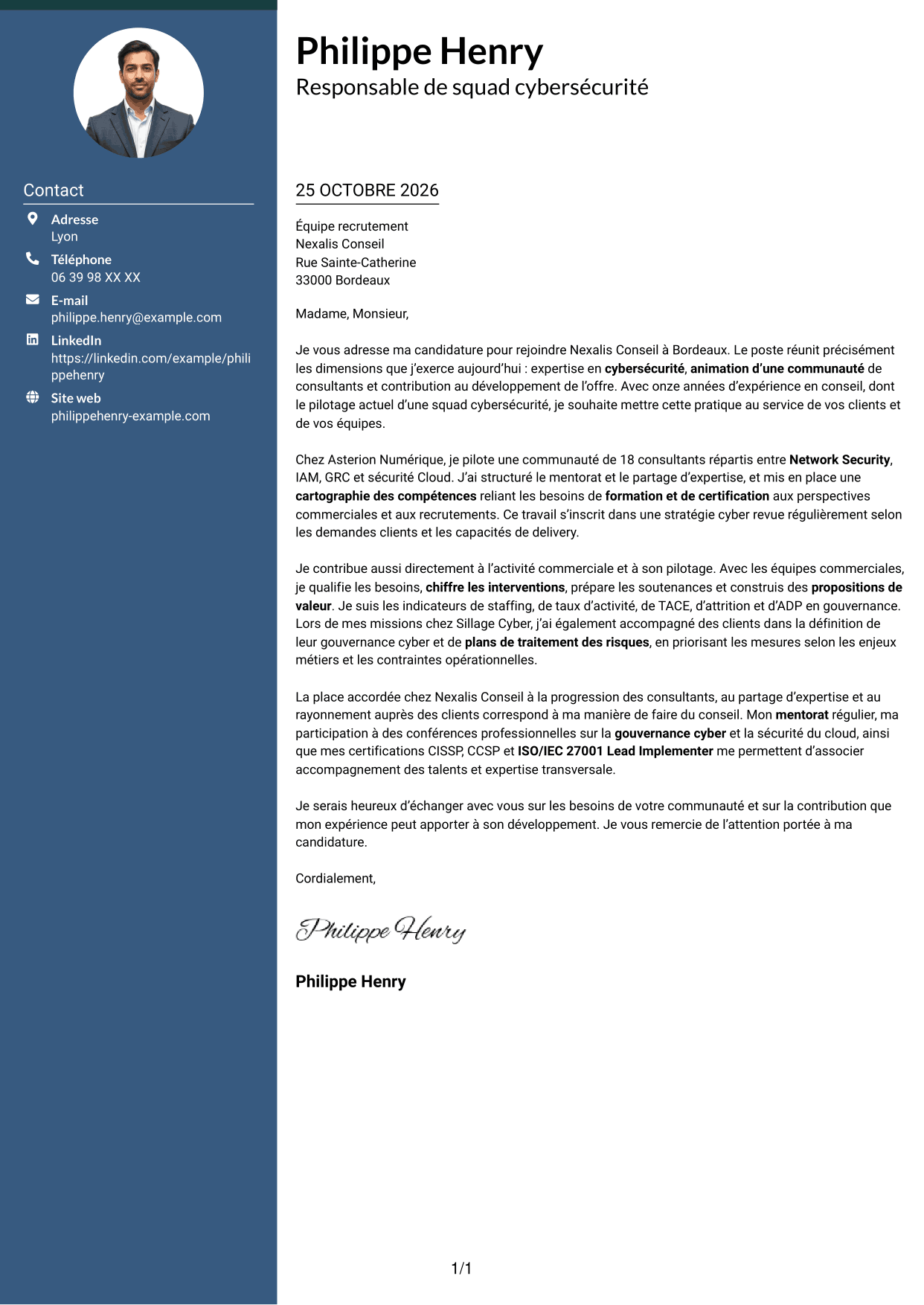 Lettre de motivation Élégant (format à colonne latérale colorée avec photo) : Responsable de squad cybersécurité, page 1
