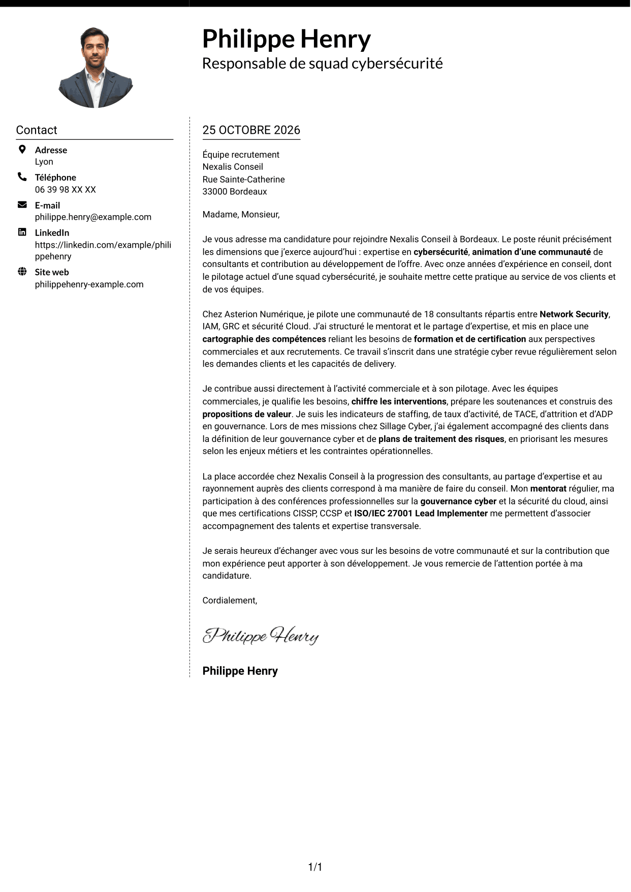 Lettre de motivation Moderne (format à deux colonnes avec photo à gauche et séparateur) : Responsable de squad cybersécurité, page 1