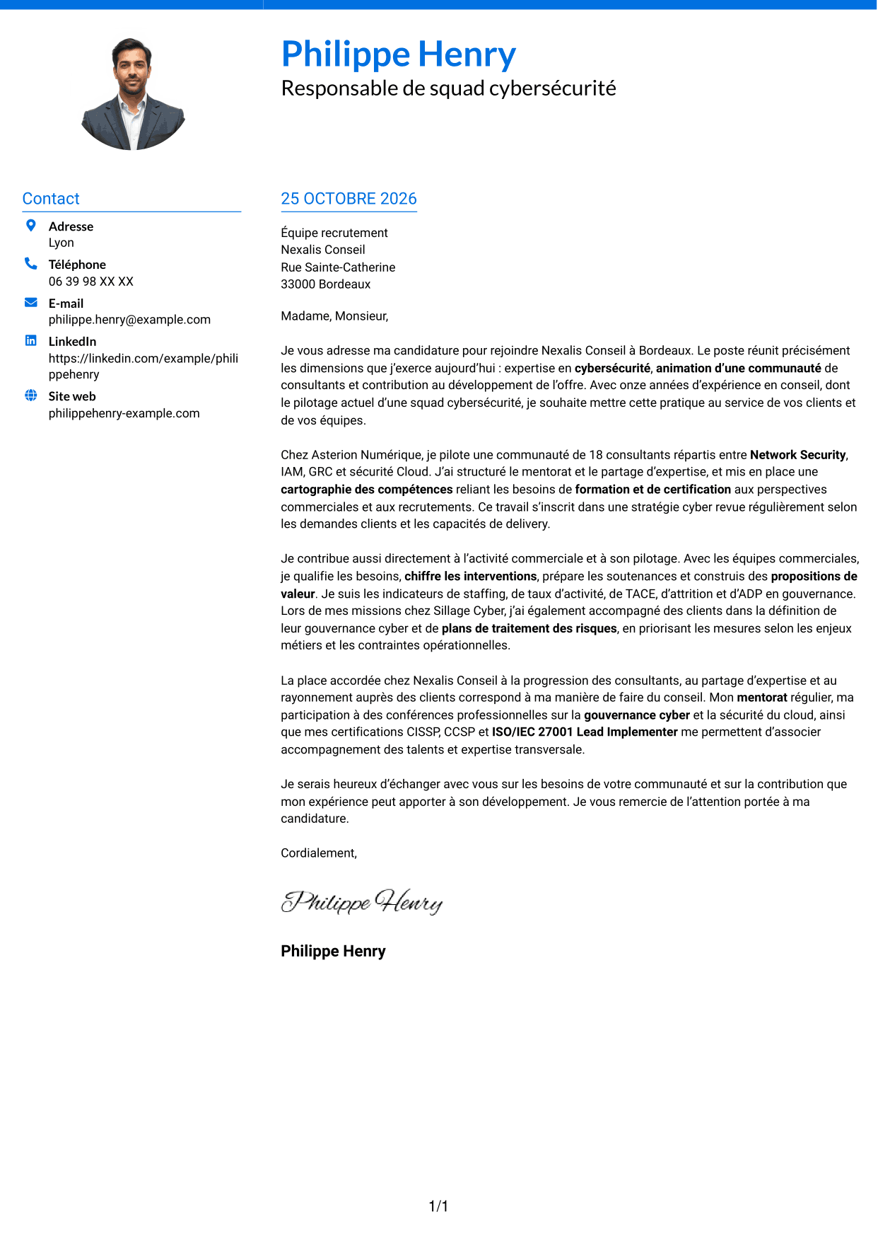 Lettre de motivation Audacieux (format à deux colonnes avec accents colorés et photo) : Responsable de squad cybersécurité, page 1