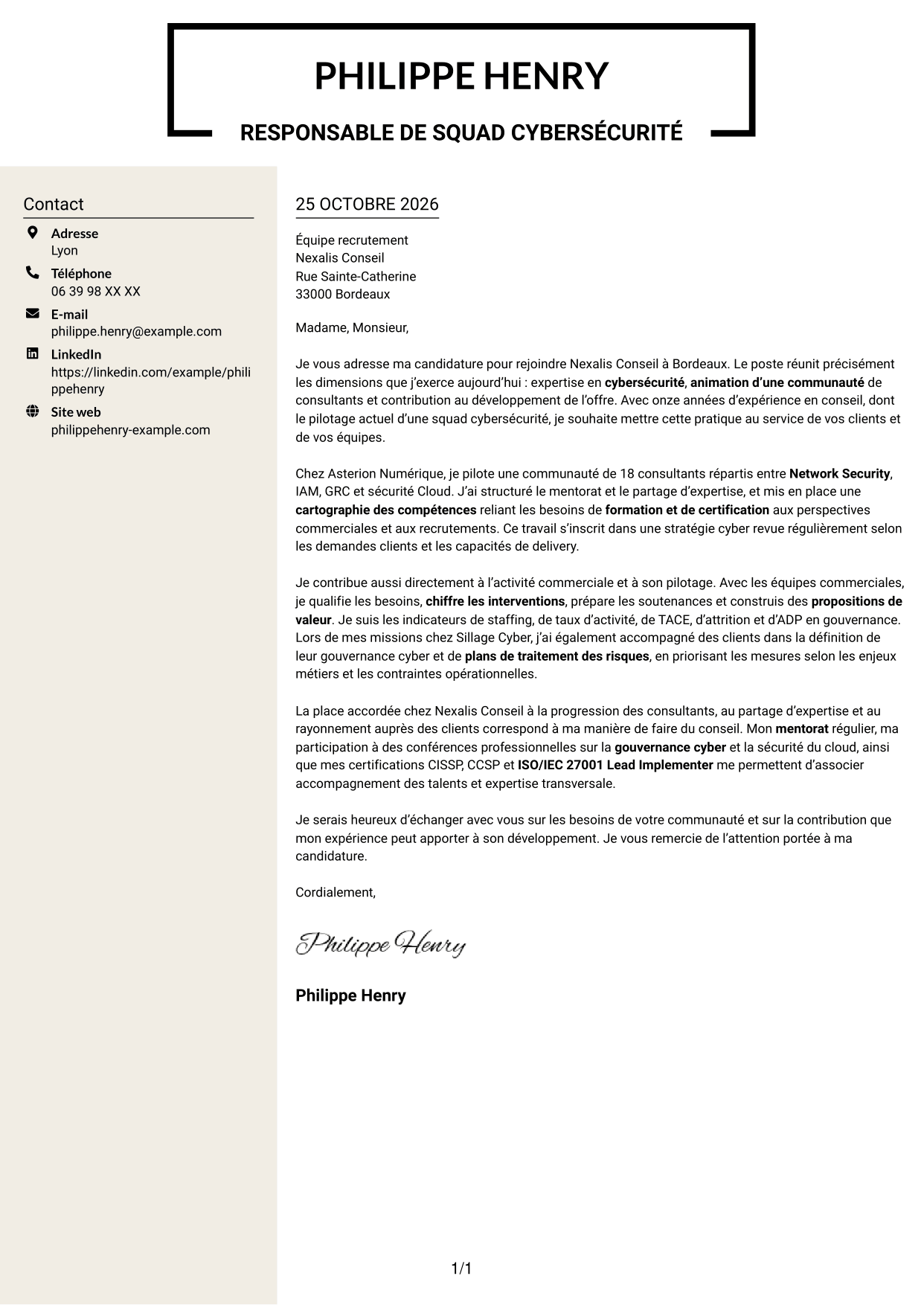 Lettre de motivation Fonceur (format à deux colonnes avec en-tête centré sans photo) : Responsable de squad cybersécurité, page 1