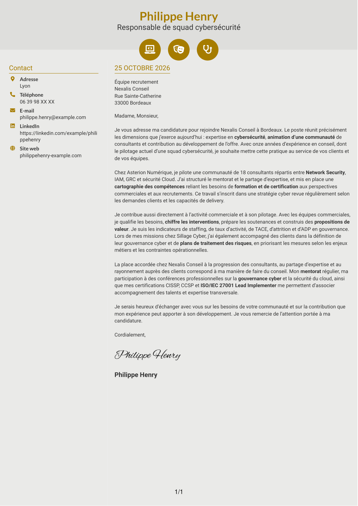 Lettre de motivation Dynamique (format à deux colonnes avec icônes) : Responsable de squad cybersécurité, page 1