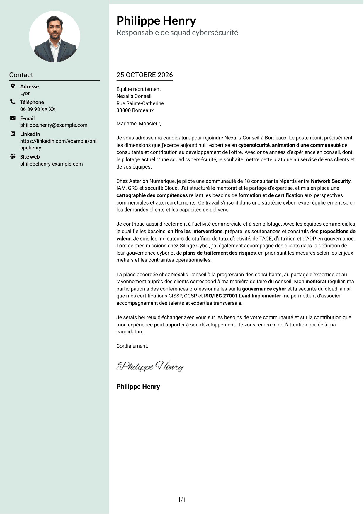 Lettre de motivation Cadre (format à colonne latérale douce avec photo arrondie) : Responsable de squad cybersécurité, page 1