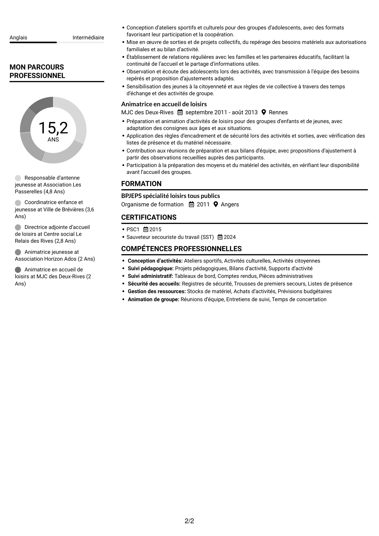 CV Compact (format sobre à deux colonnes avec photo) : Responsable de structure d’accueil de loisirs - Jeunesse 11-17 ans, page 2