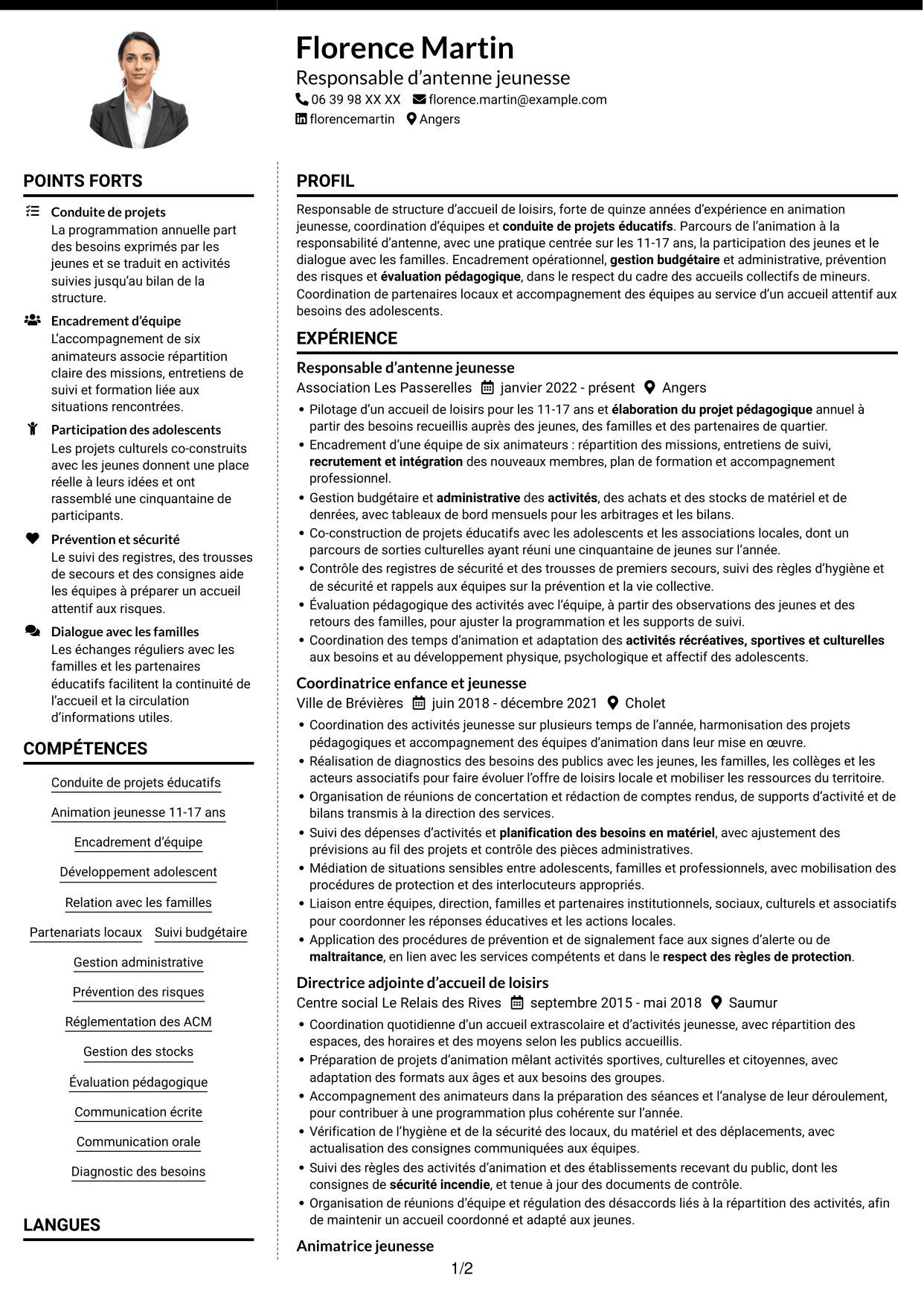 CV Moderne (format à deux colonnes avec photo à gauche et séparateur) : Responsable de structure d’accueil de loisirs - Jeunesse 11-17 ans, page 1