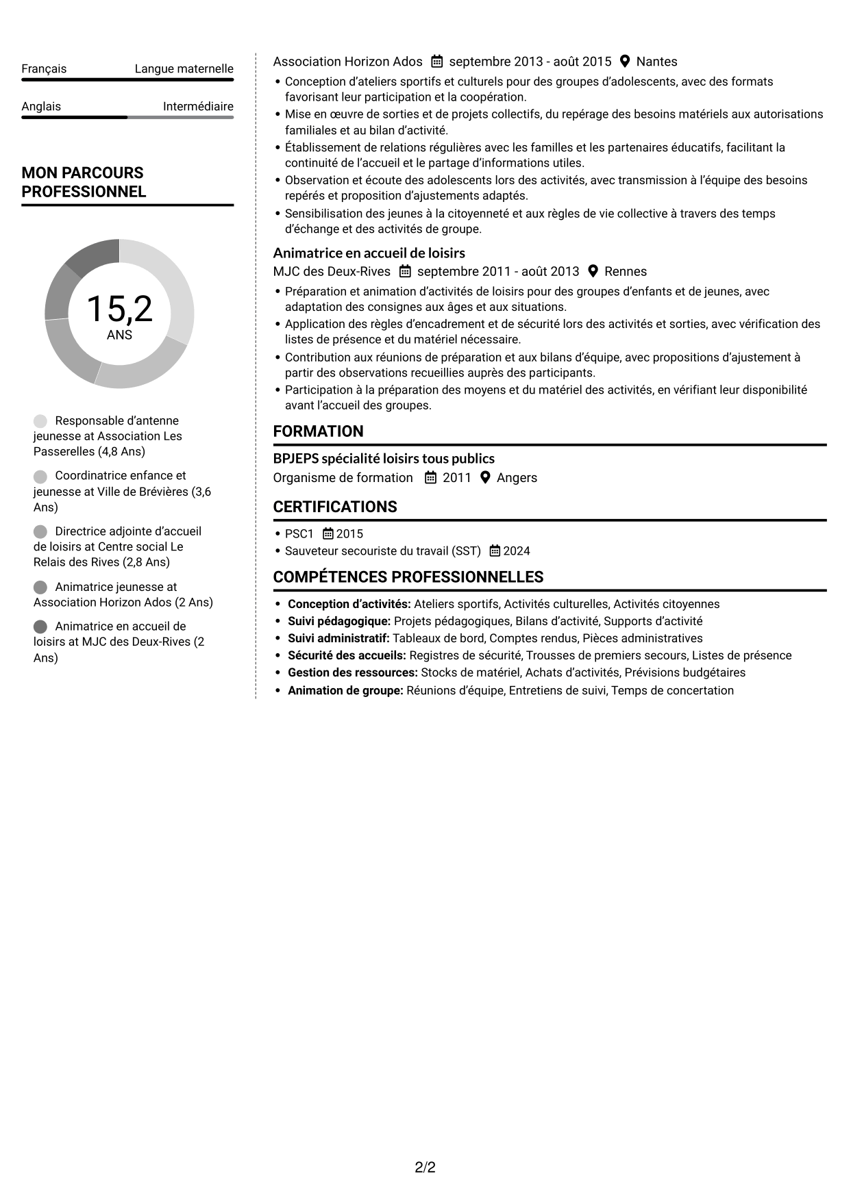 CV Moderne (format à deux colonnes avec photo à gauche et séparateur) : Responsable de structure d’accueil de loisirs - Jeunesse 11-17 ans, page 2