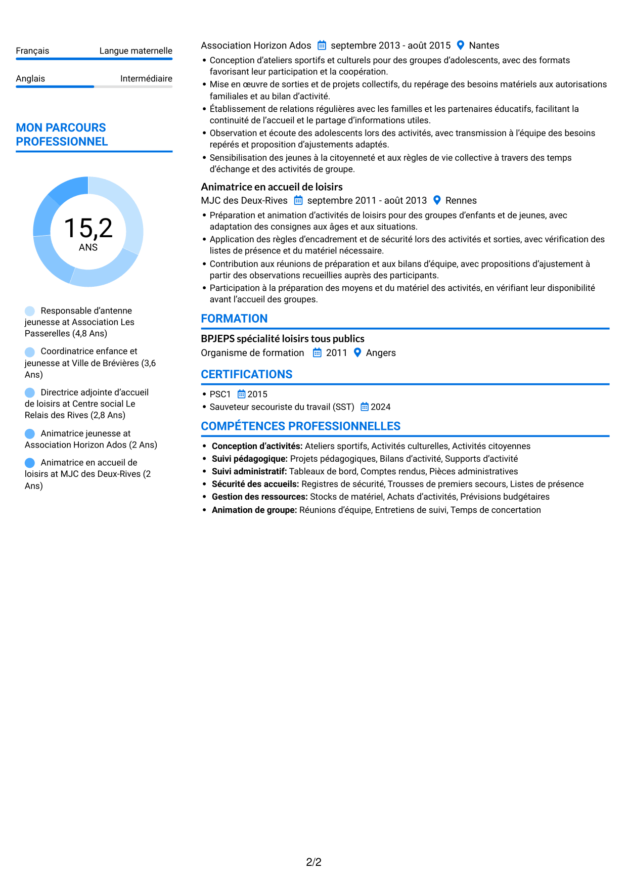 CV Audacieux (format à deux colonnes avec accents colorés et photo) : Responsable de structure d’accueil de loisirs - Jeunesse 11-17 ans, page 2