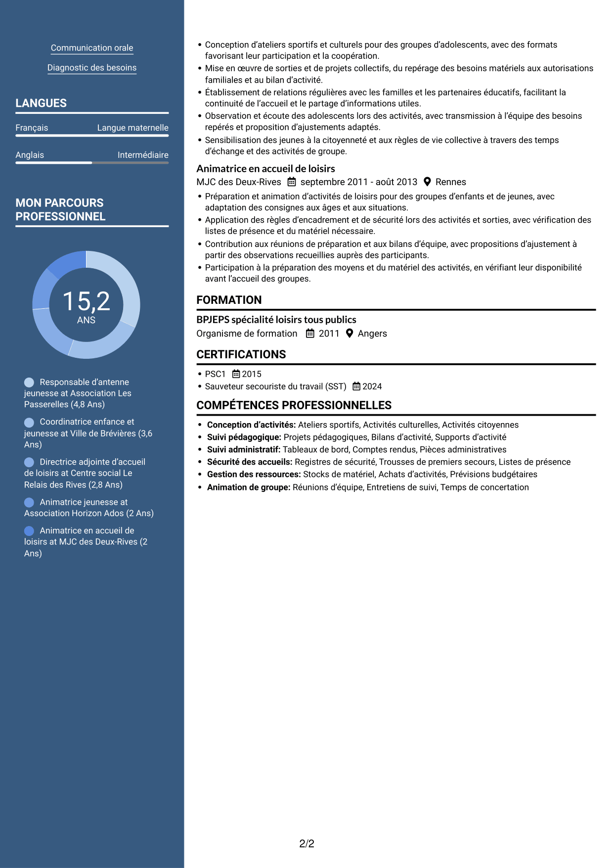 CV Signature (format à colonne latérale colorée avec grande photo) : Responsable de structure d’accueil de loisirs - Jeunesse 11-17 ans, page 2