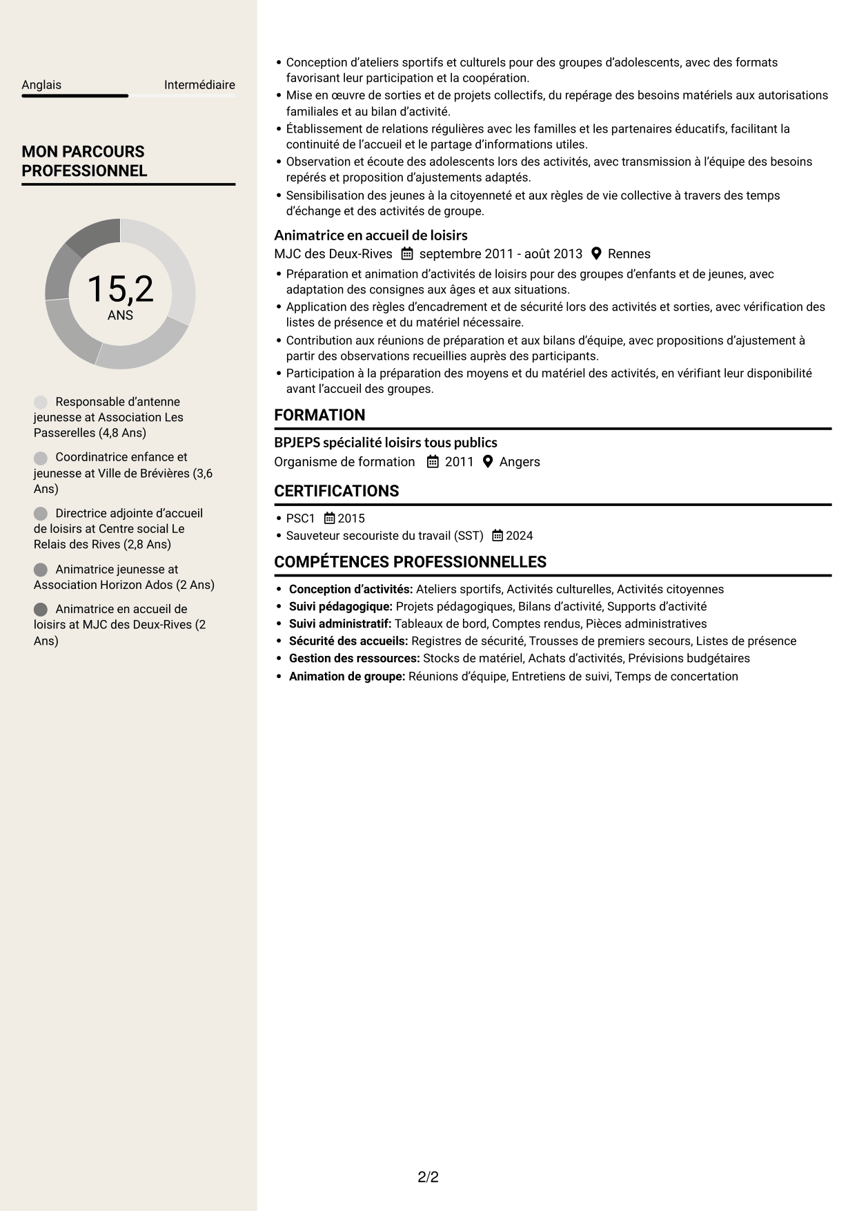 CV Fonceur (format à deux colonnes avec en-tête centré sans photo) : Responsable de structure d’accueil de loisirs - Jeunesse 11-17 ans, page 2