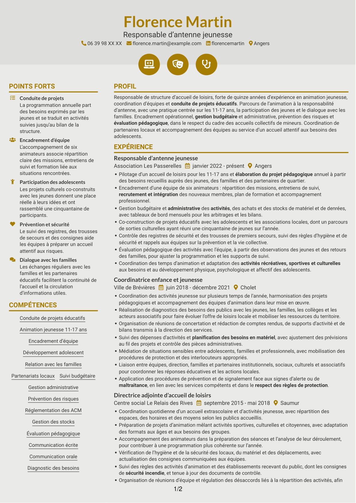CV Dynamique (format à deux colonnes avec icônes) : Responsable de structure d’accueil de loisirs - Jeunesse 11-17 ans, page 1