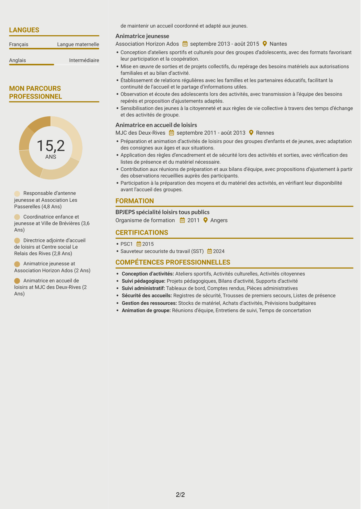 CV Dynamique (format à deux colonnes avec icônes) : Responsable de structure d’accueil de loisirs - Jeunesse 11-17 ans, page 2