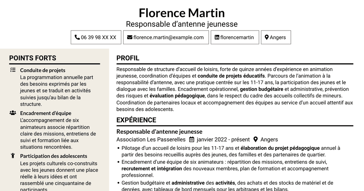 7 modèles de CV pour Responsable de structure d’accueil de loisirs - Jeunesse 11-17 ans, avec exemples