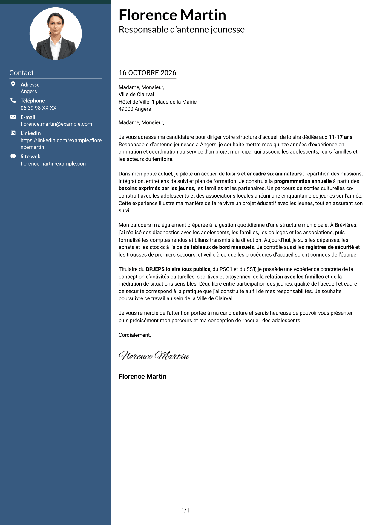 Lettre de motivation Élégant (format à colonne latérale colorée avec photo) : Responsable de structure d’accueil de loisirs - Jeunesse 11-17 ans, page 1