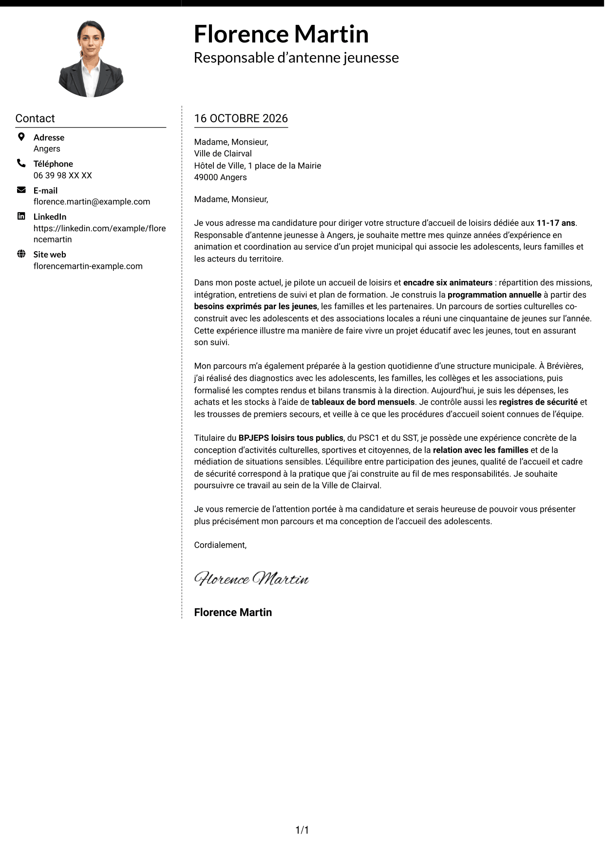 Lettre de motivation Moderne (format à deux colonnes avec photo à gauche et séparateur) : Responsable de structure d’accueil de loisirs - Jeunesse 11-17 ans, page 1