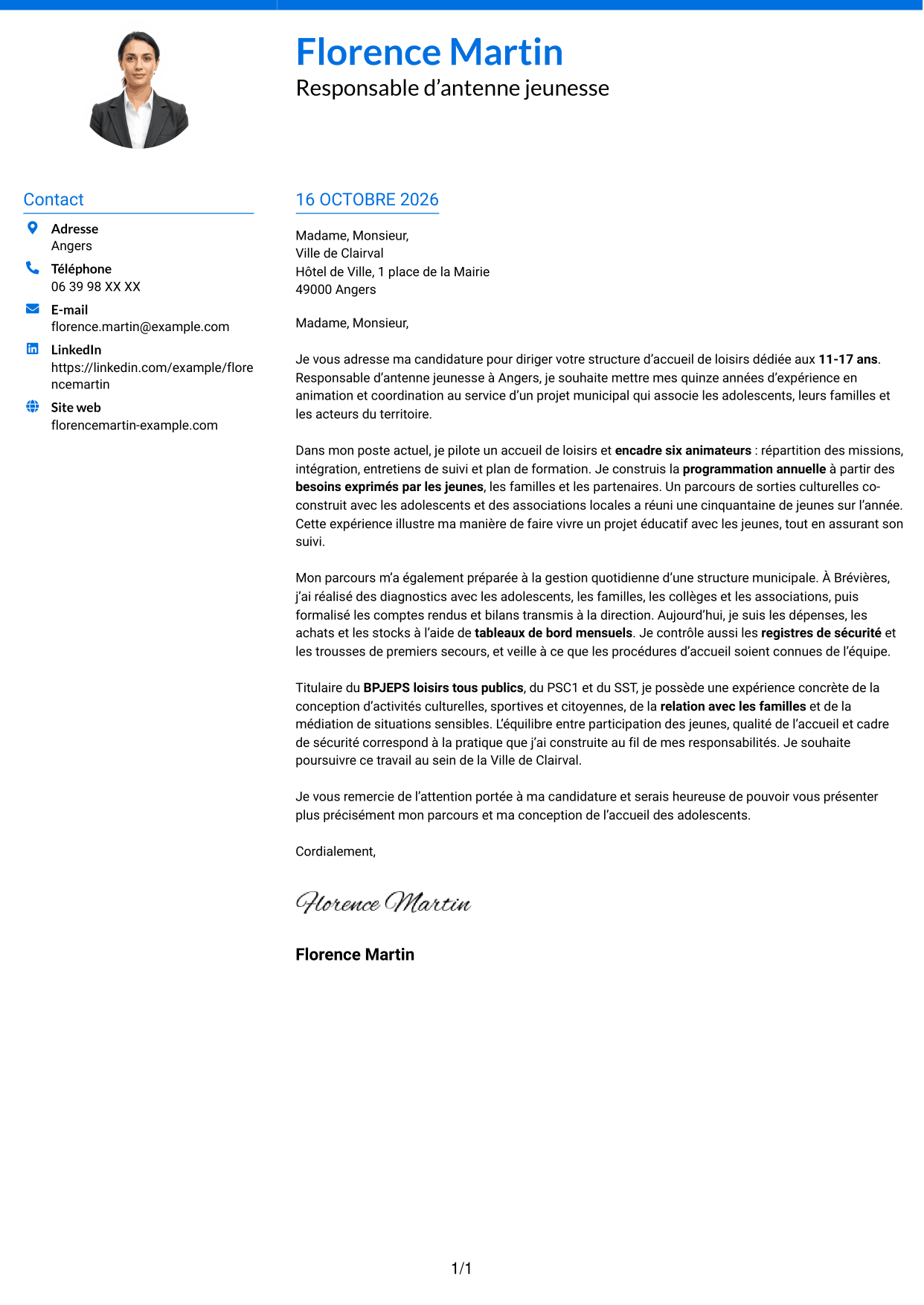 Lettre de motivation Audacieux (format à deux colonnes avec accents colorés et photo) : Responsable de structure d’accueil de loisirs - Jeunesse 11-17 ans, page 1