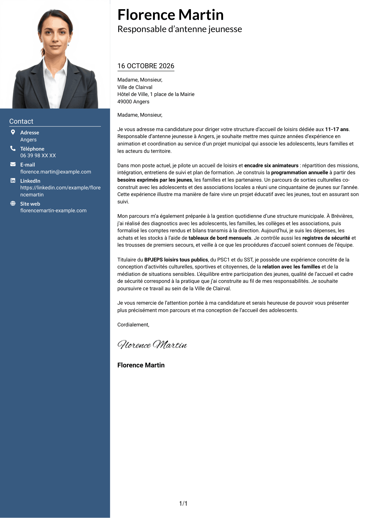Lettre de motivation Signature (format à colonne latérale colorée avec grande photo) : Responsable de structure d’accueil de loisirs - Jeunesse 11-17 ans, page 1