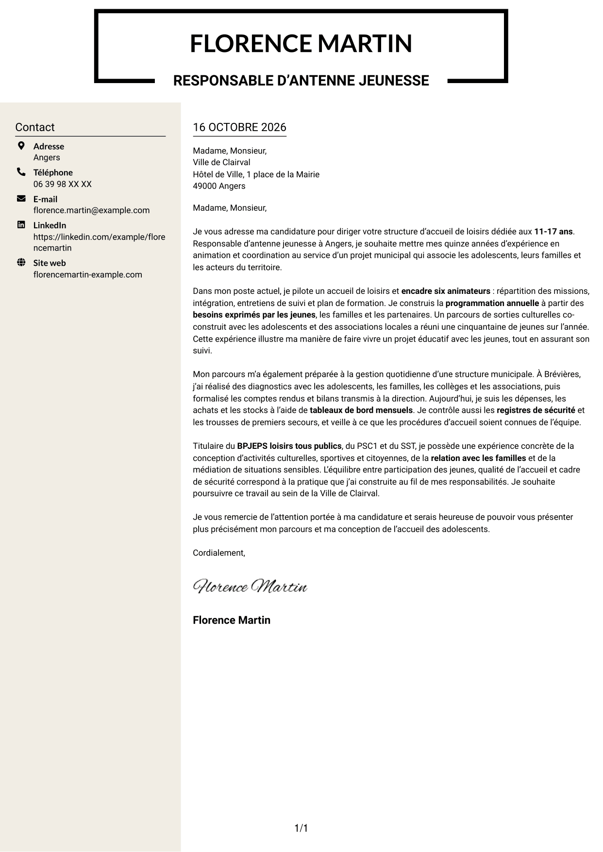 Lettre de motivation Fonceur (format à deux colonnes avec en-tête centré sans photo) : Responsable de structure d’accueil de loisirs - Jeunesse 11-17 ans, page 1