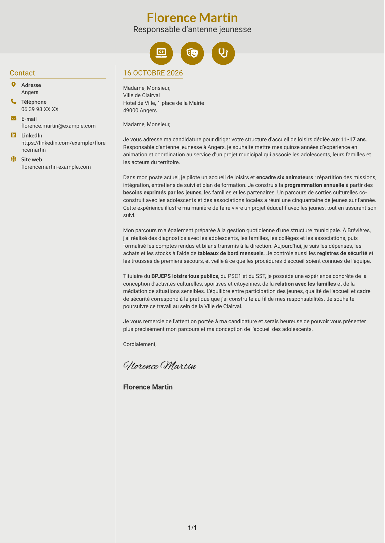 Lettre de motivation Dynamique (format à deux colonnes avec icônes) : Responsable de structure d’accueil de loisirs - Jeunesse 11-17 ans, page 1