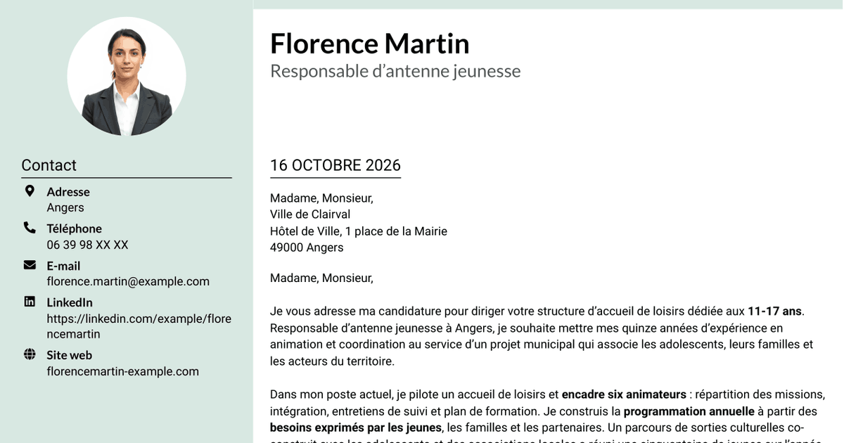 7 modèles de lettre de motivation pour Responsable de structure d’accueil de loisirs - Jeunesse 11-17 ans, avec exemples