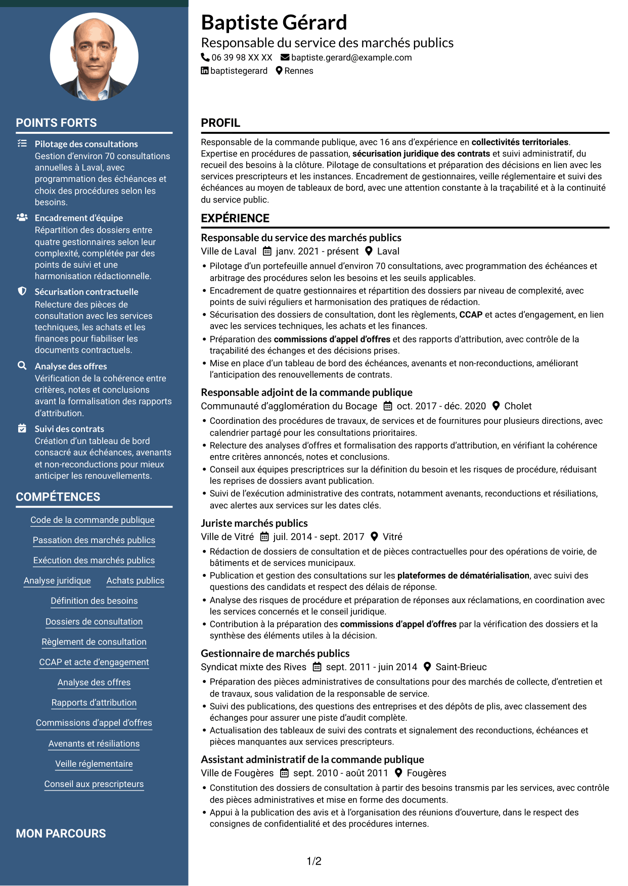CV Élégant (format à colonne latérale colorée avec photo) : Responsable des marchés publics, page 1