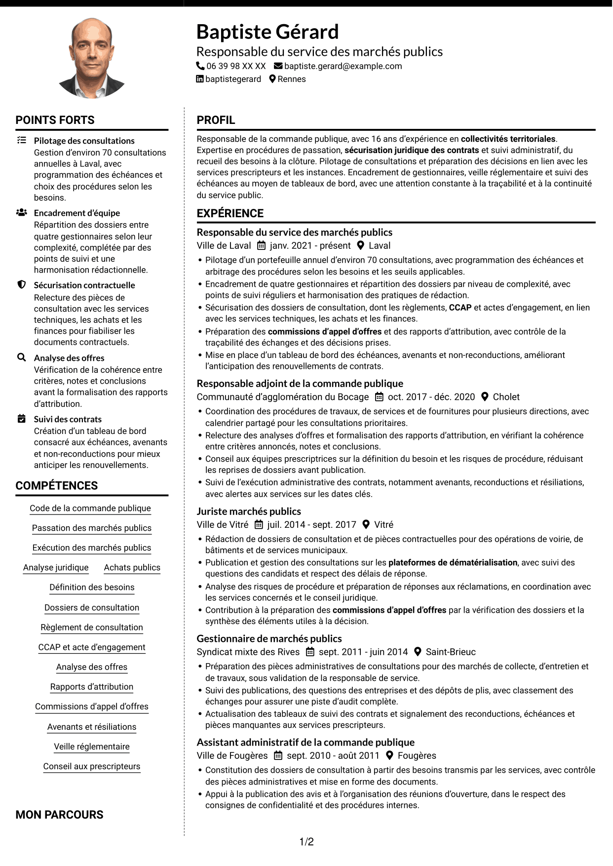 CV Moderne (format à deux colonnes avec photo à gauche et séparateur) : Responsable des marchés publics, page 1