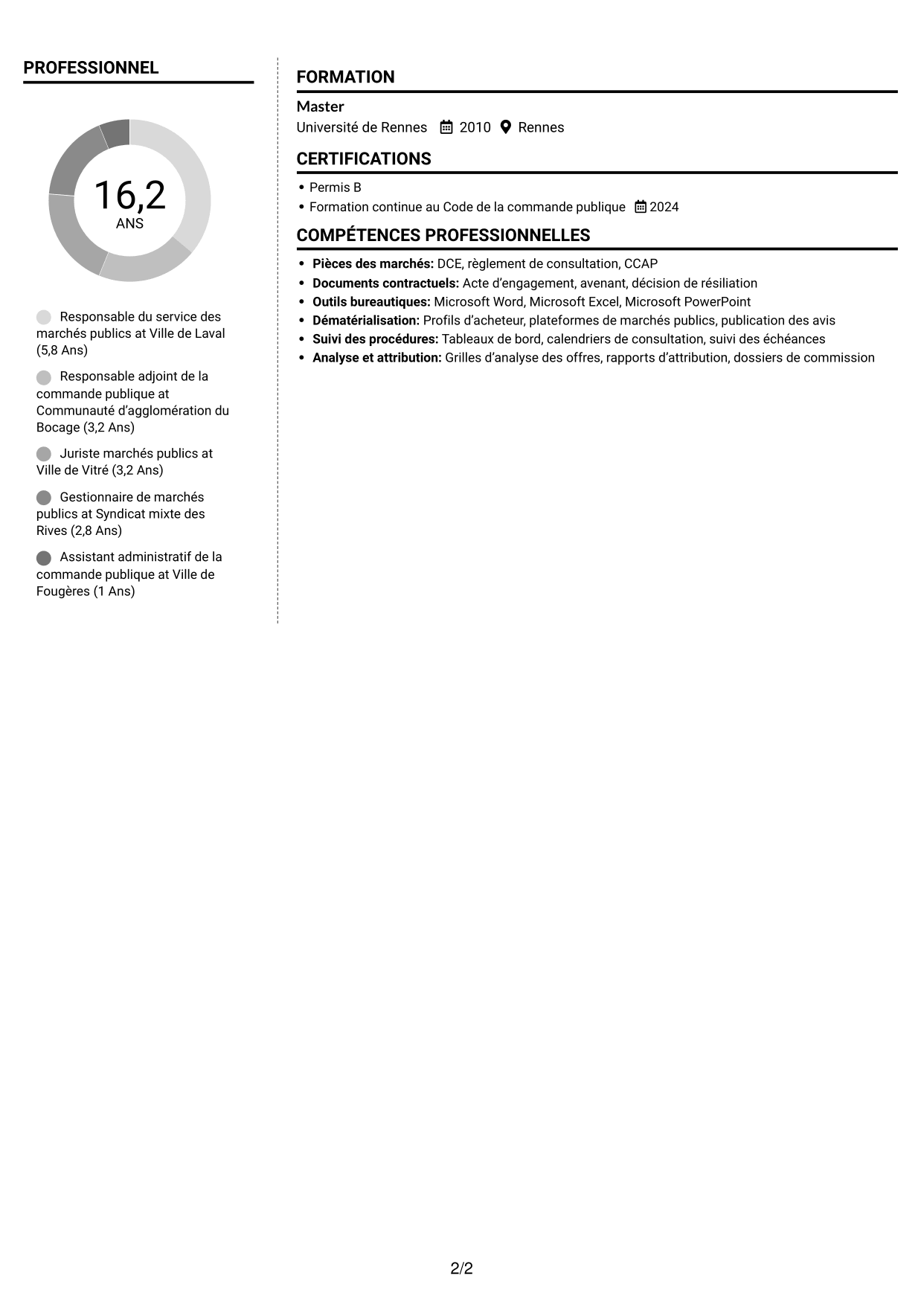 CV Moderne (format à deux colonnes avec photo à gauche et séparateur) : Responsable des marchés publics, page 2