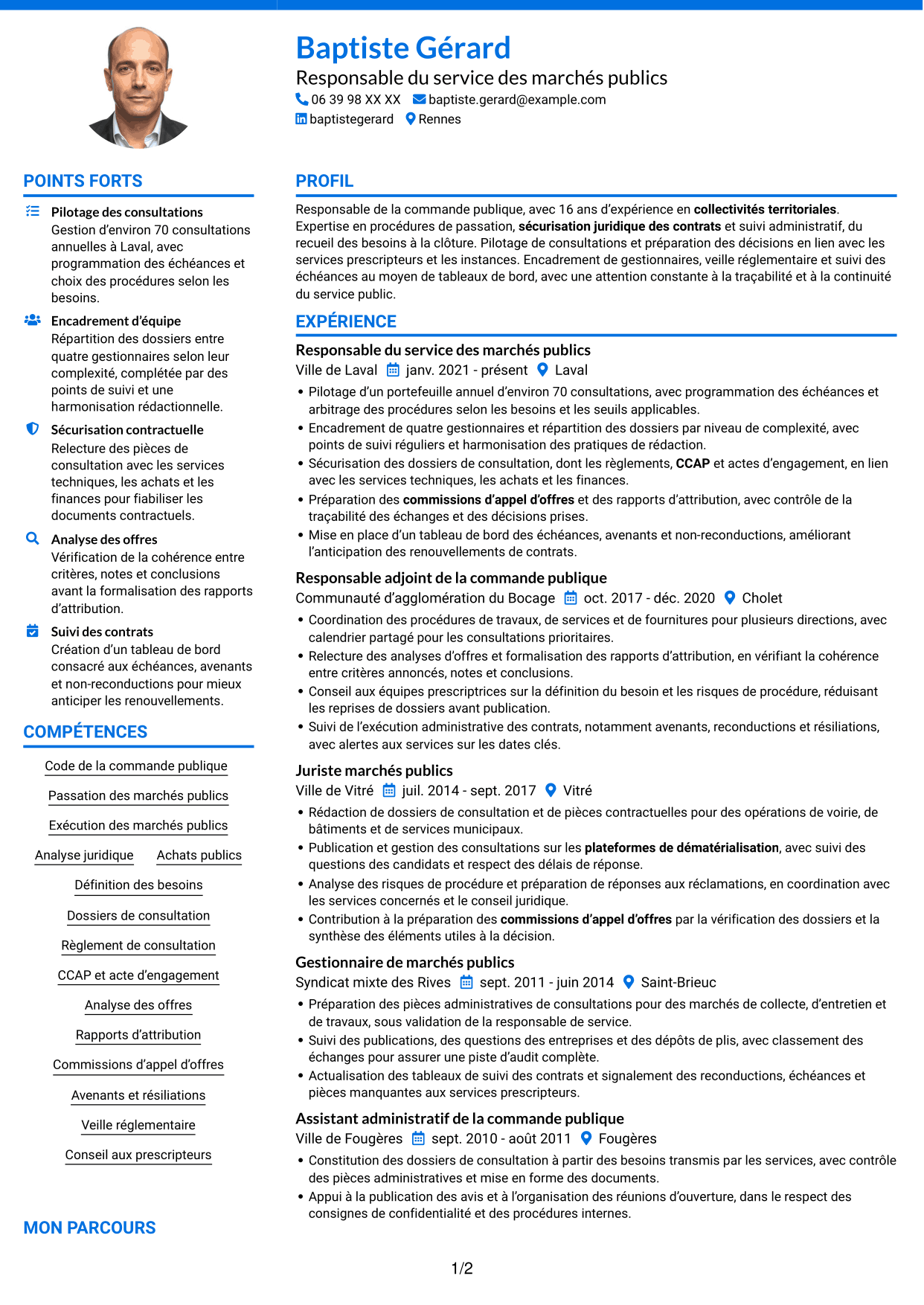 CV Audacieux (format à deux colonnes avec accents colorés et photo) : Responsable des marchés publics, page 1