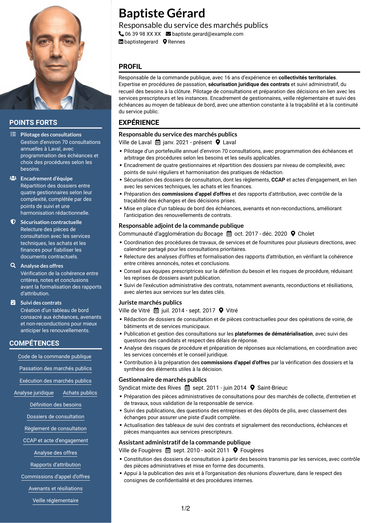 CV Signature (format à colonne latérale colorée avec grande photo) : Responsable des marchés publics, page 1