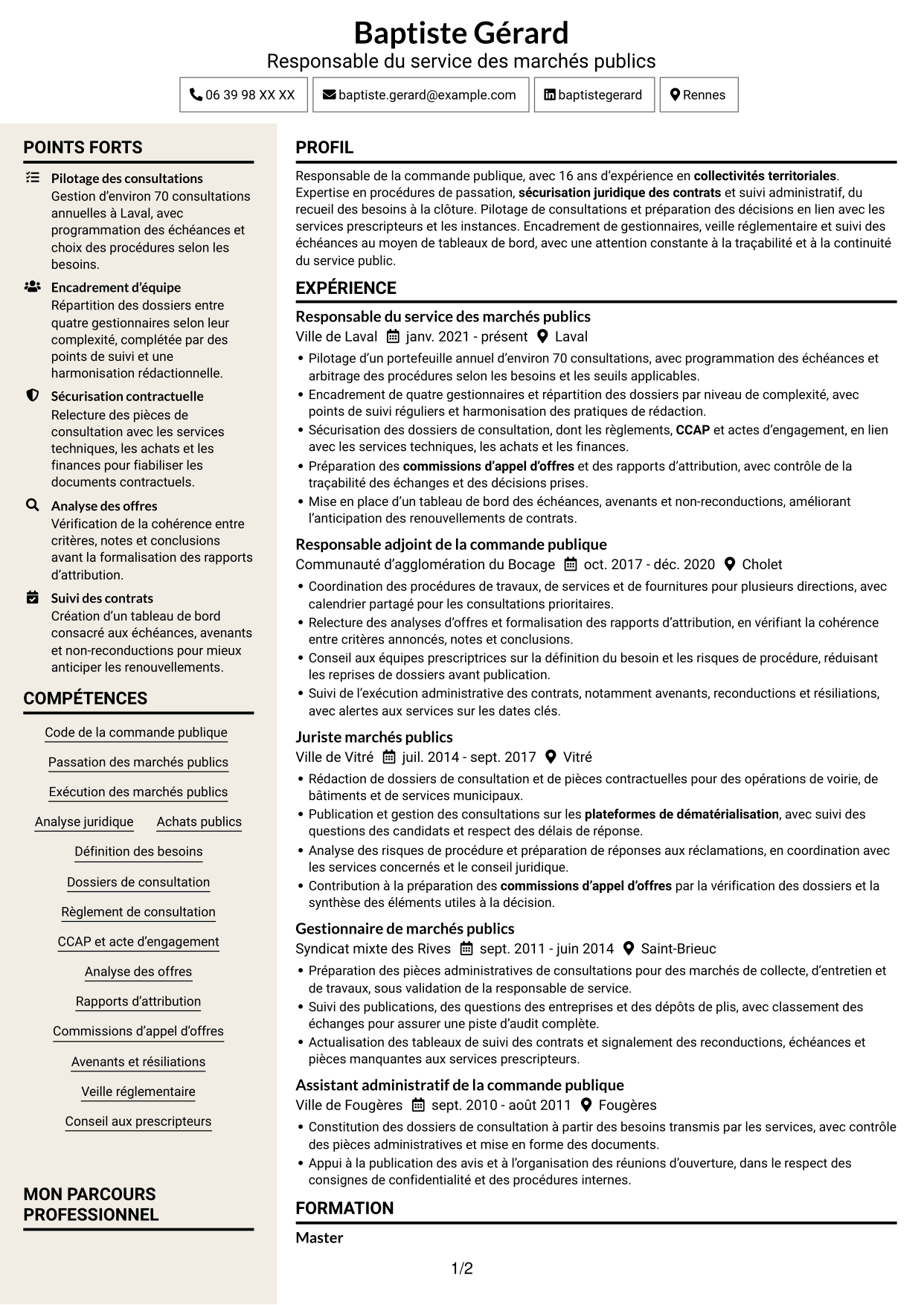 CV Fonceur (format à deux colonnes avec en-tête centré sans photo) : Responsable des marchés publics, page 1