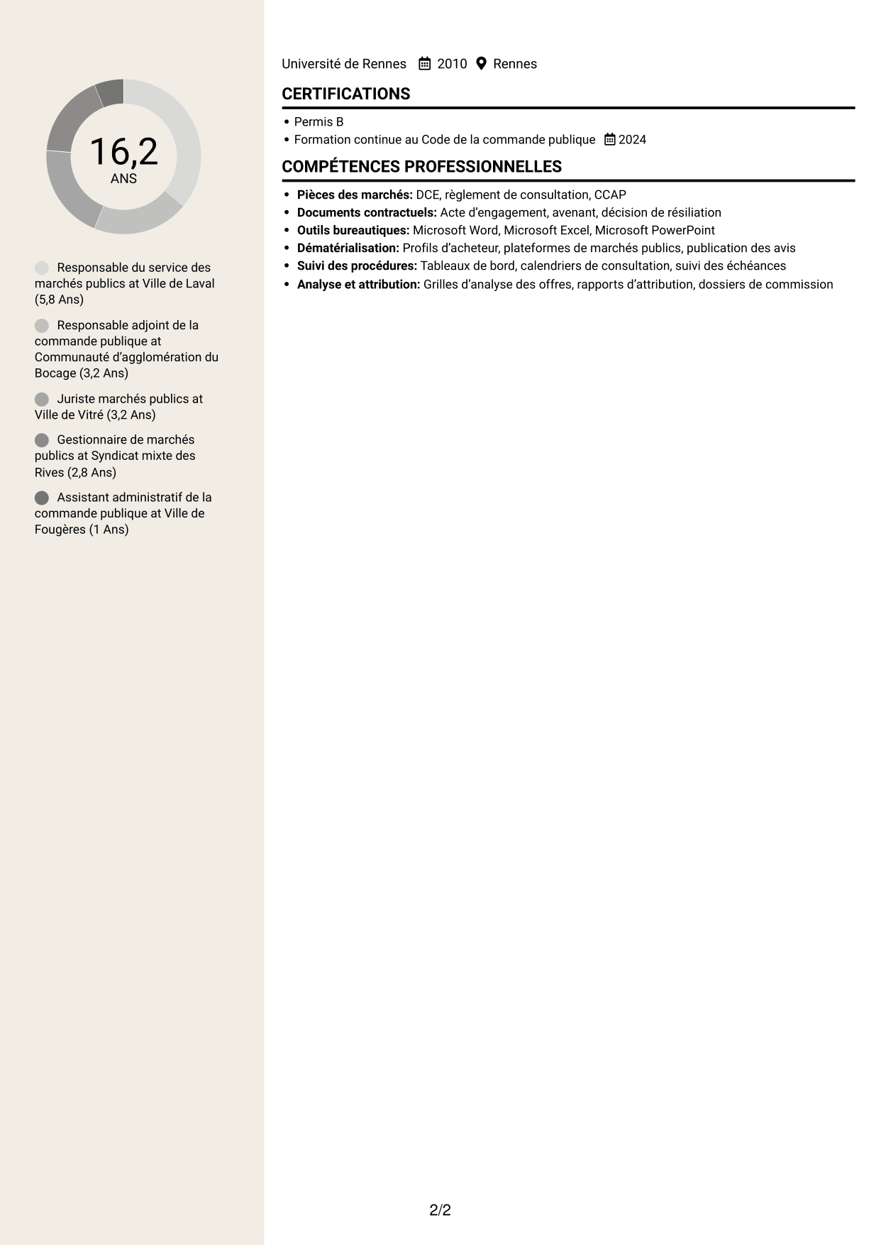 CV Fonceur (format à deux colonnes avec en-tête centré sans photo) : Responsable des marchés publics, page 2