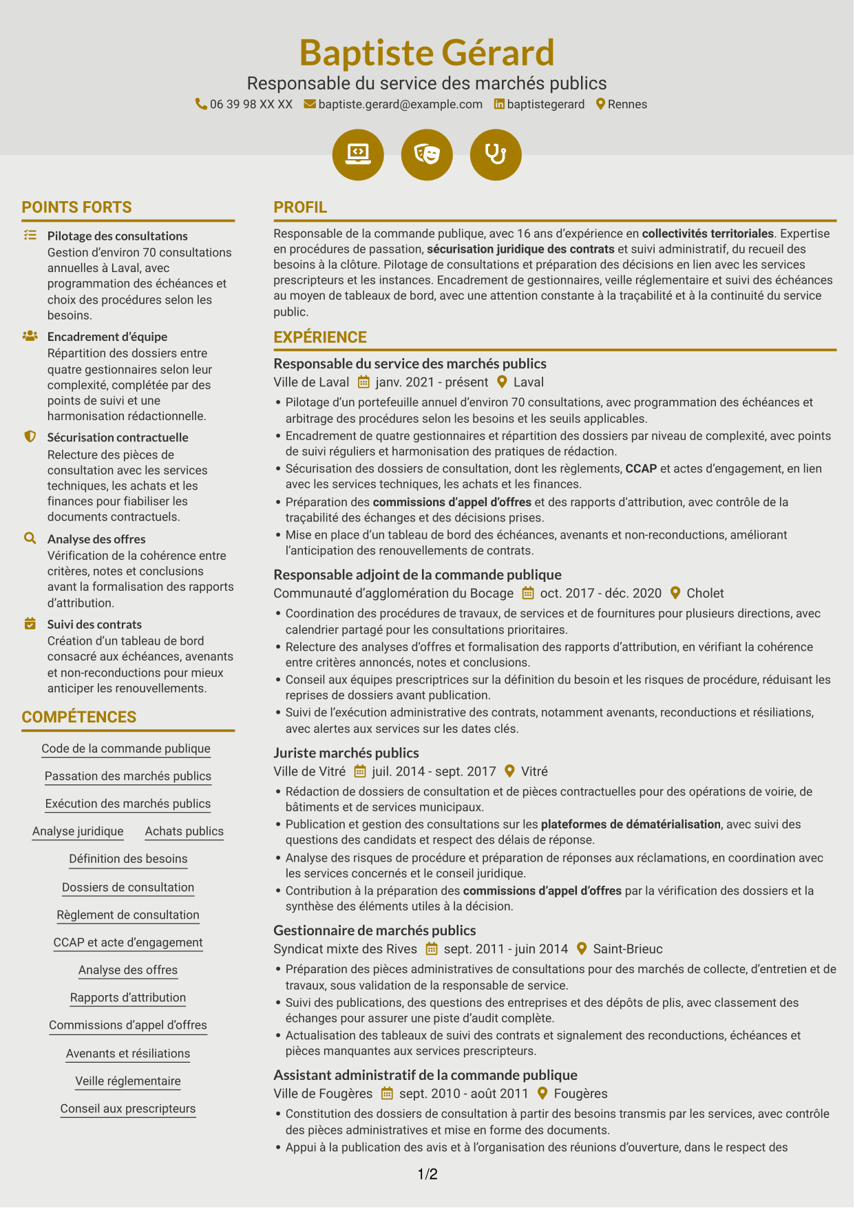 CV Dynamique (format à deux colonnes avec icônes) : Responsable des marchés publics, page 1