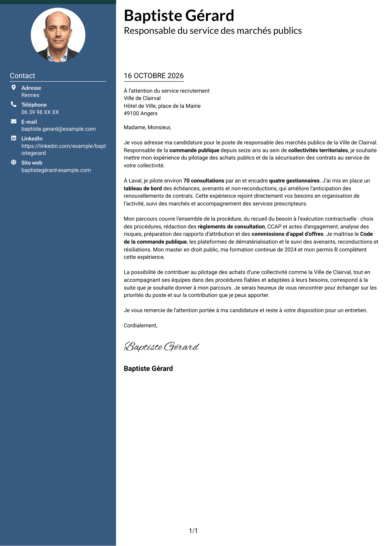 Lettre de motivation Élégant (format à colonne latérale colorée avec photo) : Responsable des marchés publics, page 1