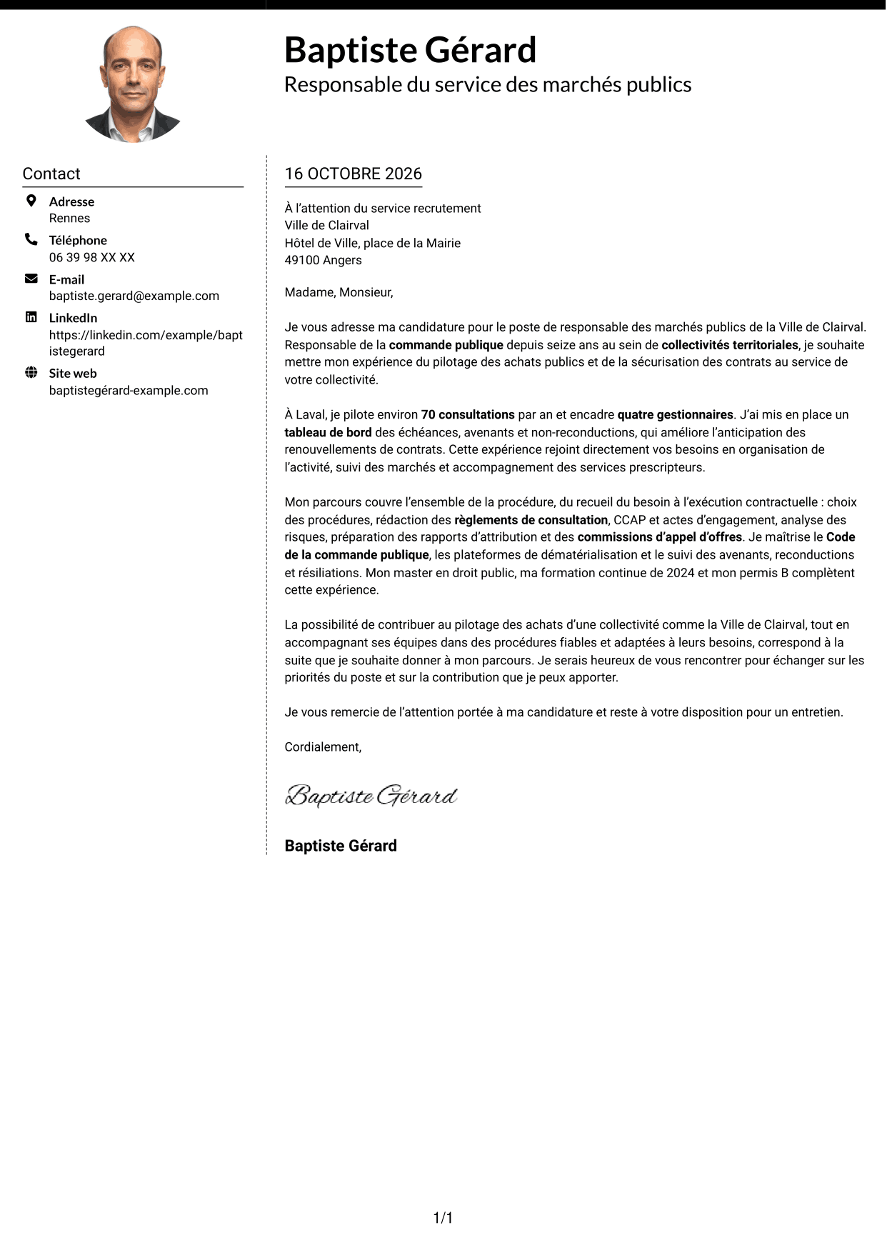 Lettre de motivation Moderne (format à deux colonnes avec photo à gauche et séparateur) : Responsable des marchés publics, page 1