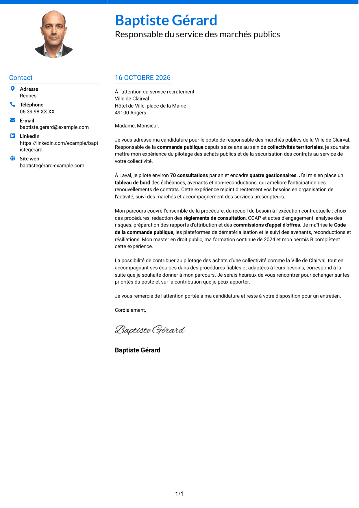 Lettre de motivation Audacieux (format à deux colonnes avec accents colorés et photo) : Responsable des marchés publics, page 1