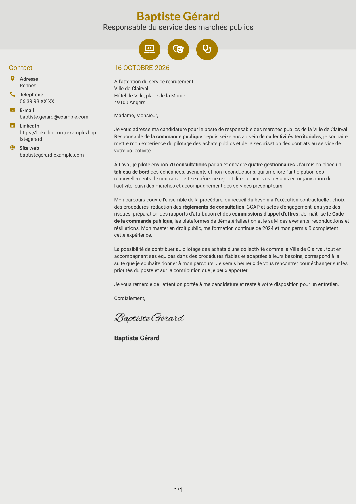Lettre de motivation Dynamique (format à deux colonnes avec icônes) : Responsable des marchés publics, page 1
