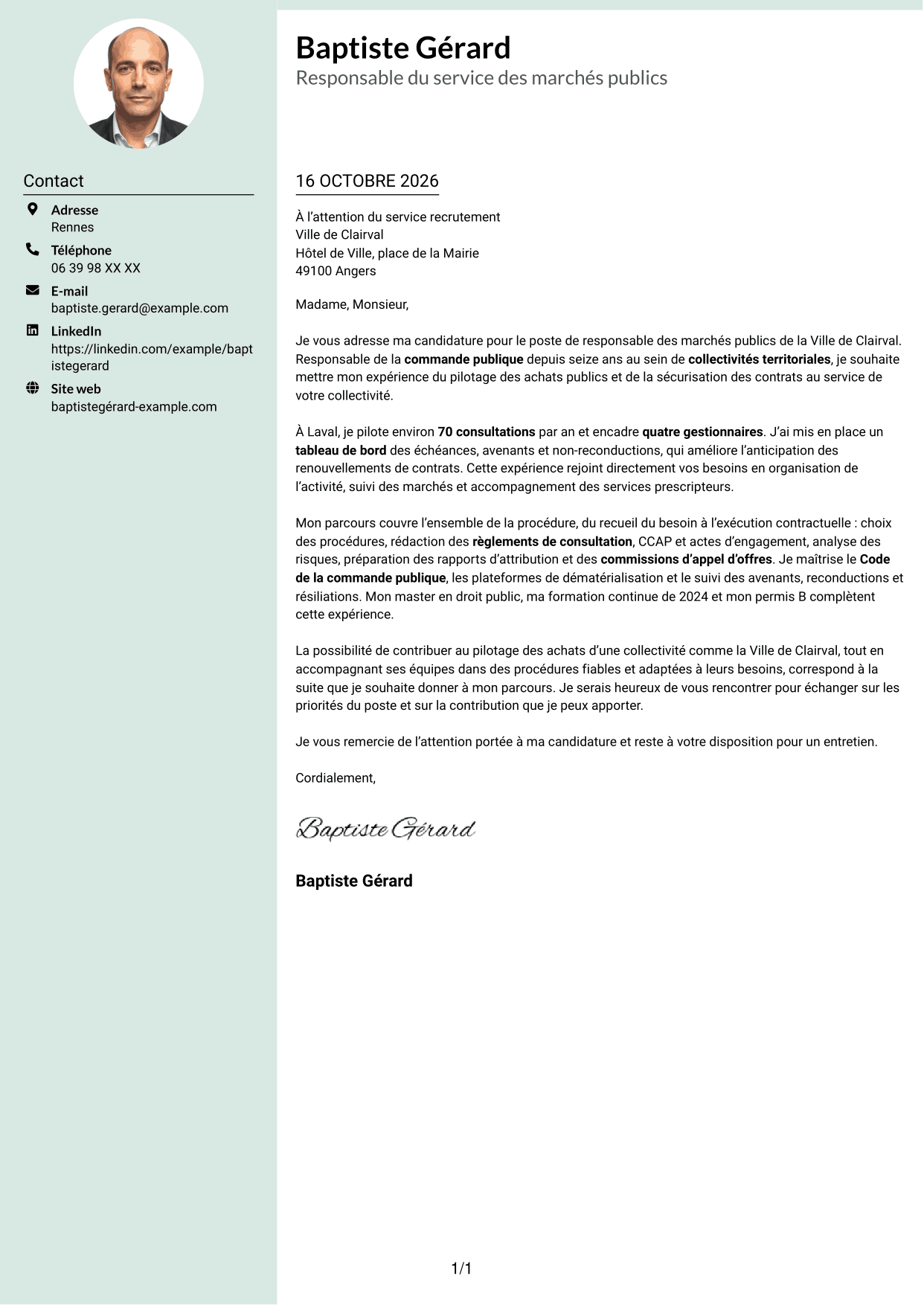 Lettre de motivation Cadre (format à colonne latérale douce avec photo arrondie) : Responsable des marchés publics, page 1