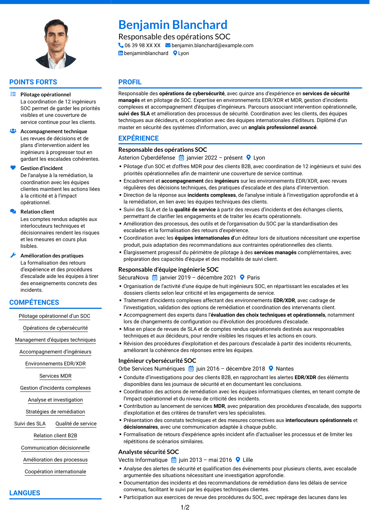 CV Audacieux (format à deux colonnes avec accents colorés et photo) : Responsable des opérations cybersécurité, page 1