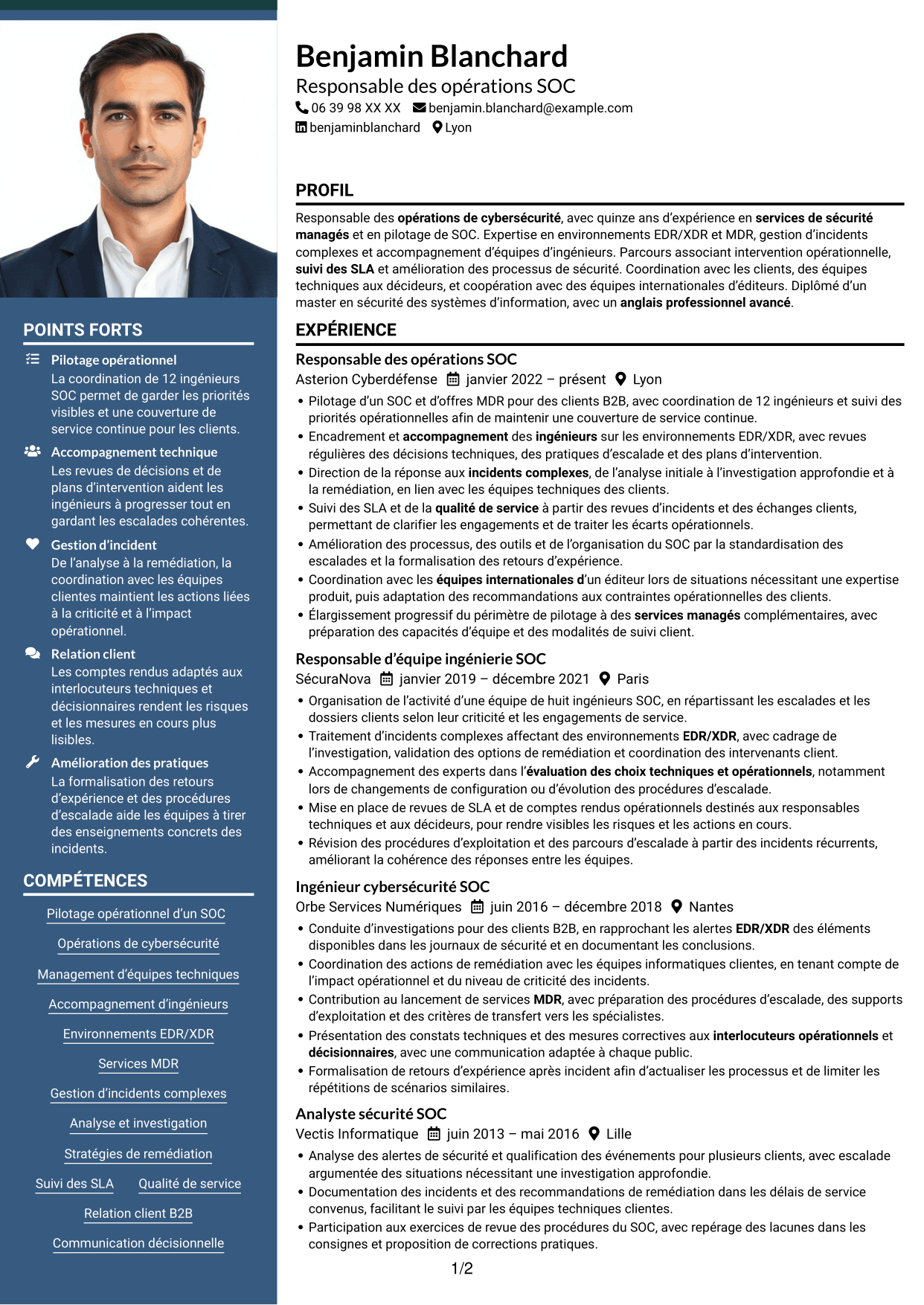 CV Signature (format à colonne latérale colorée avec grande photo) : Responsable des opérations cybersécurité, page 1