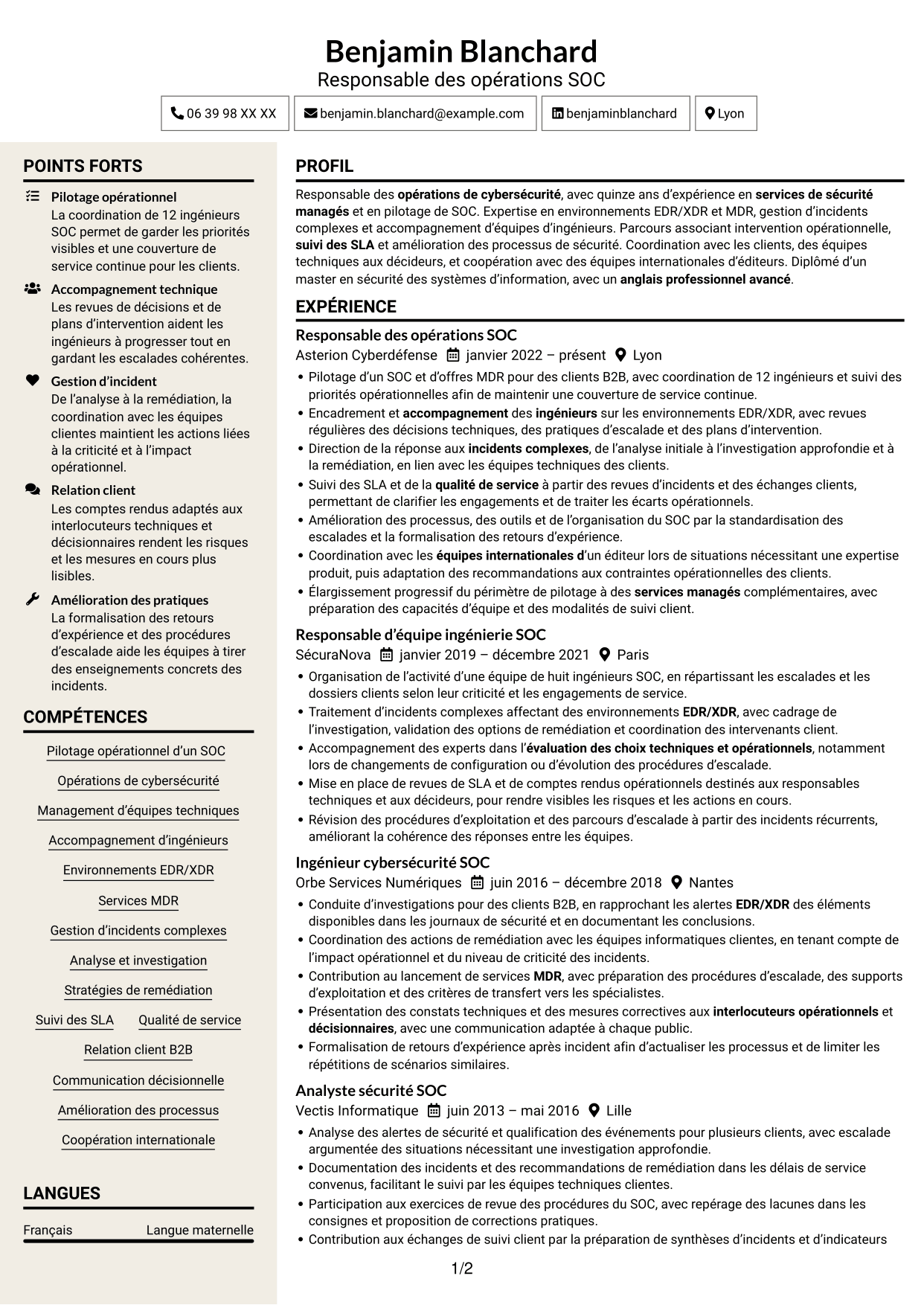 CV Fonceur (format à deux colonnes avec en-tête centré sans photo) : Responsable des opérations cybersécurité, page 1