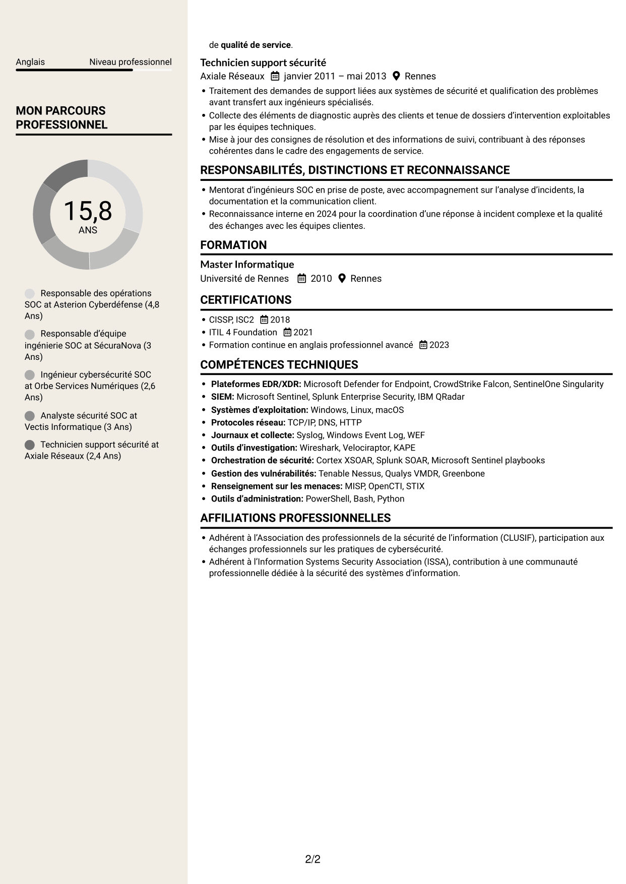 CV Fonceur (format à deux colonnes avec en-tête centré sans photo) : Responsable des opérations cybersécurité, page 2