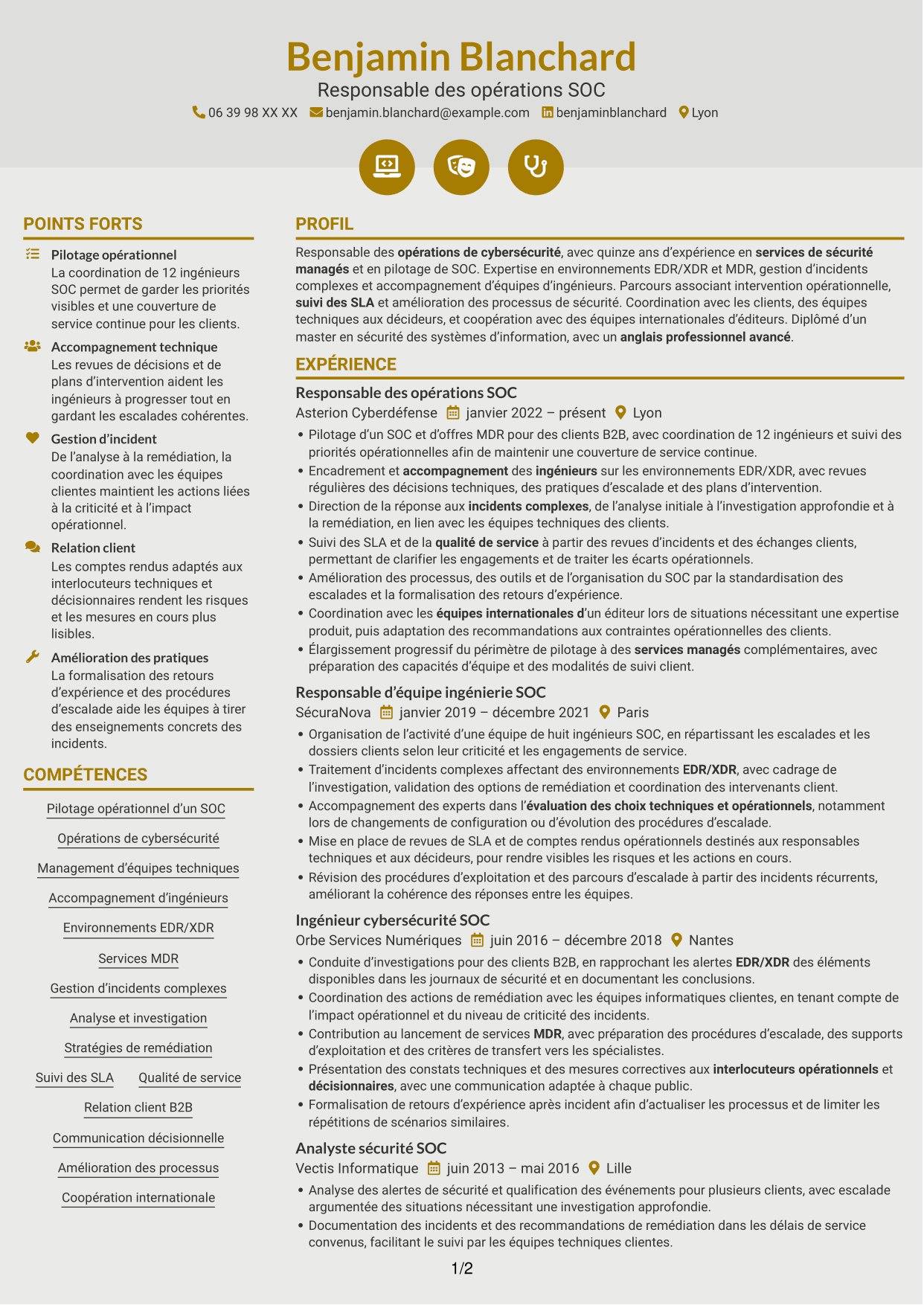CV Dynamique (format à deux colonnes avec icônes) : Responsable des opérations cybersécurité, page 1
