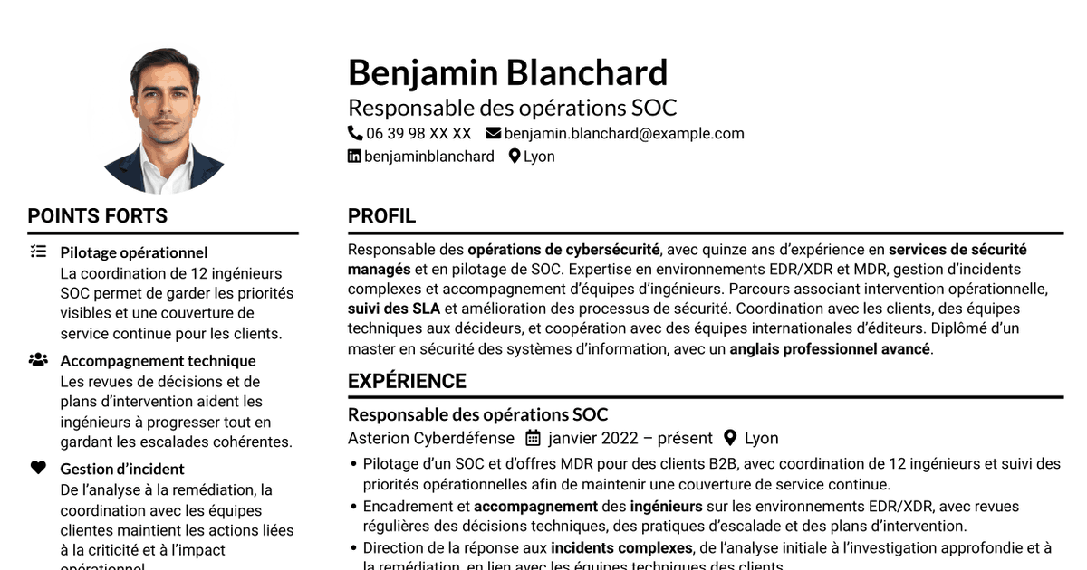 7 modèles de CV pour Responsable des opérations cybersécurité, avec exemples