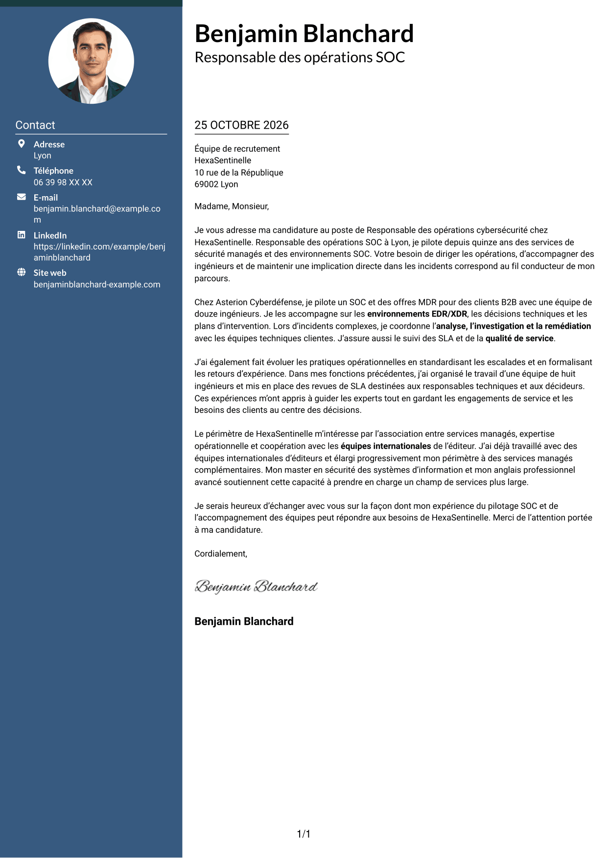 Lettre de motivation Élégant (format à colonne latérale colorée avec photo) : Responsable des opérations cybersécurité, page 1