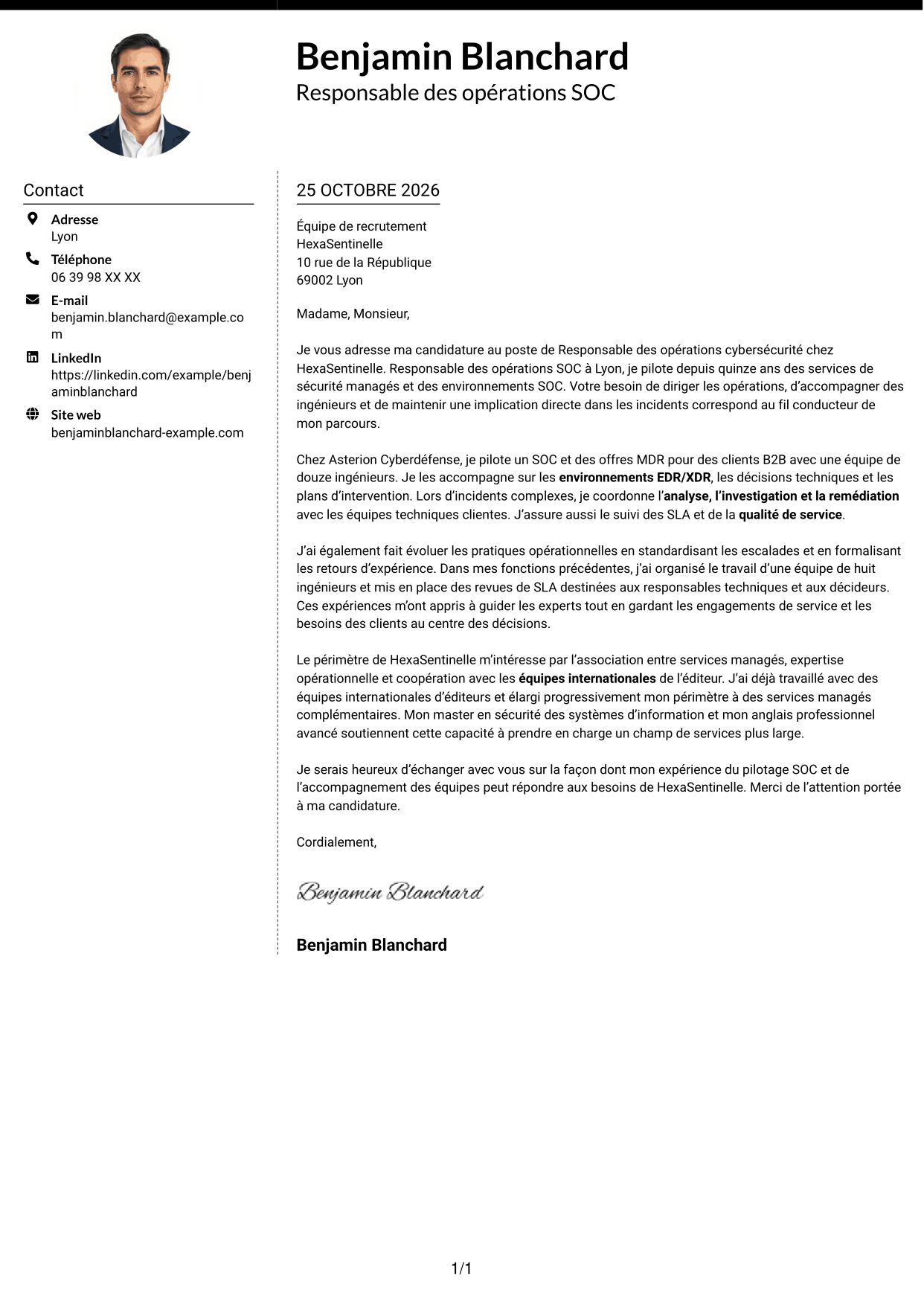 Lettre de motivation Moderne (format à deux colonnes avec photo à gauche et séparateur) : Responsable des opérations cybersécurité, page 1