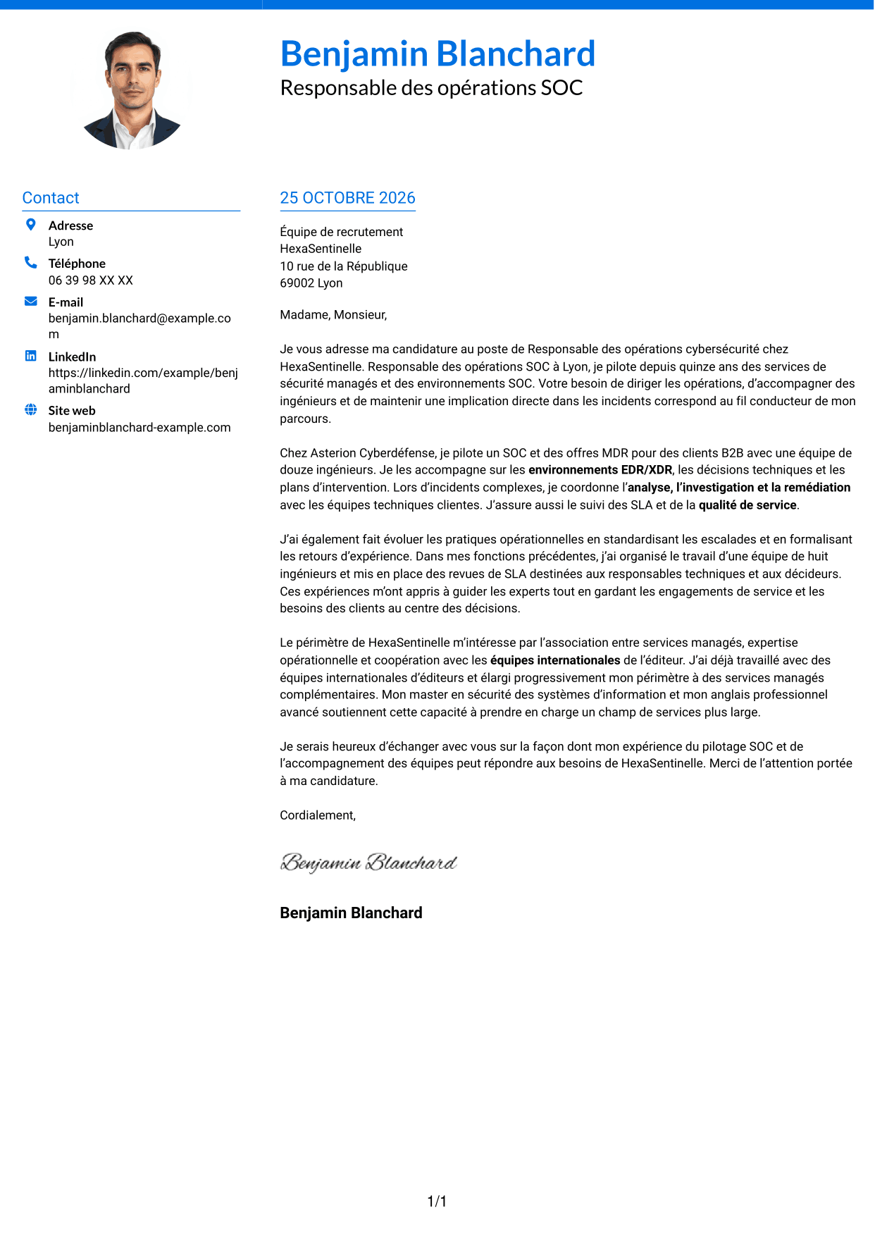 Lettre de motivation Audacieux (format à deux colonnes avec accents colorés et photo) : Responsable des opérations cybersécurité, page 1