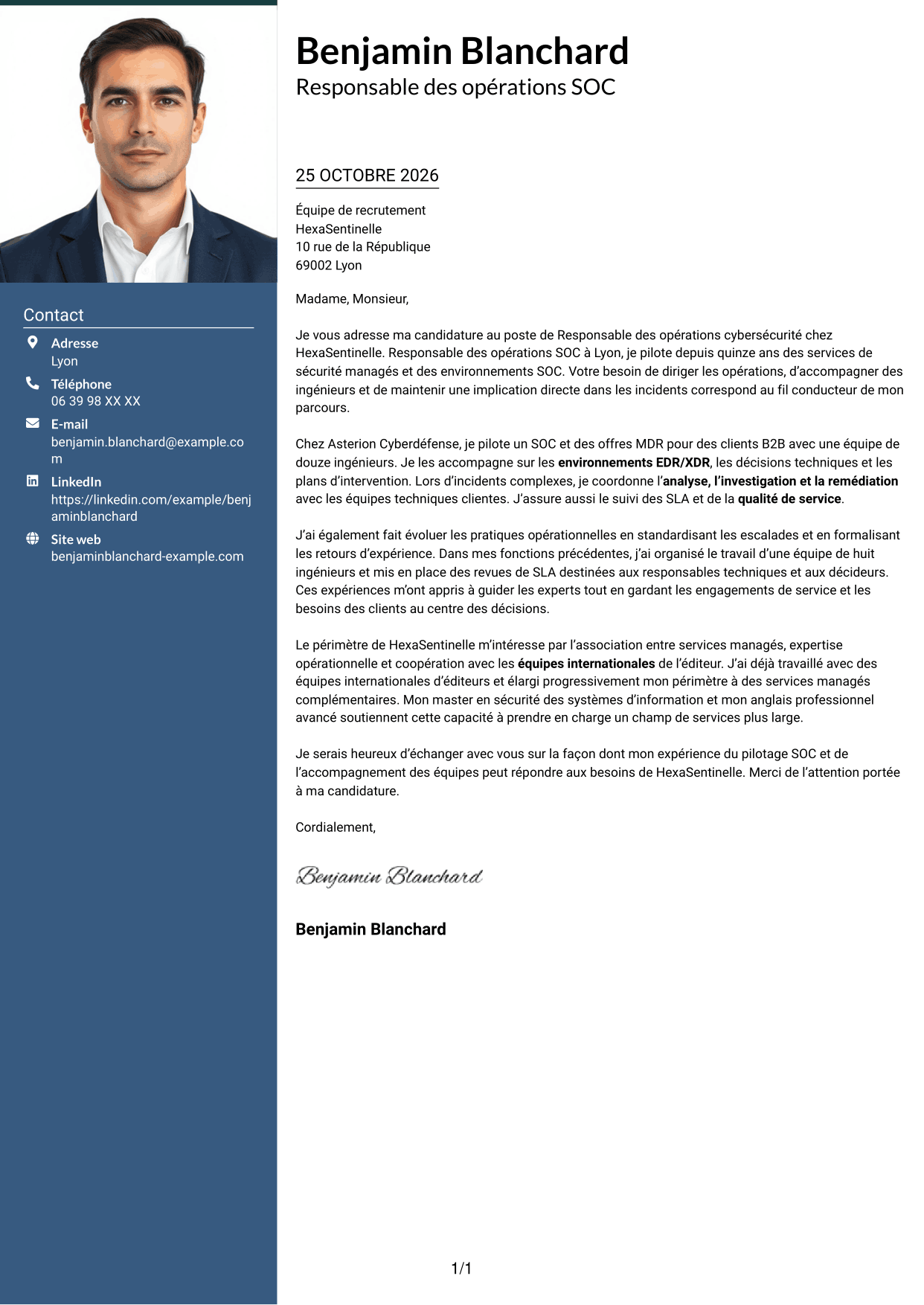 Lettre de motivation Signature (format à colonne latérale colorée avec grande photo) : Responsable des opérations cybersécurité, page 1
