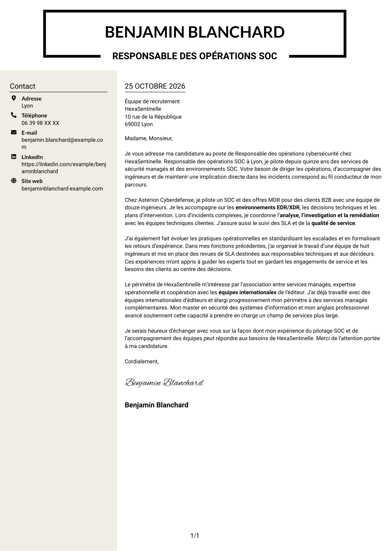 Lettre de motivation Fonceur (format à deux colonnes avec en-tête centré sans photo) : Responsable des opérations cybersécurité, page 1