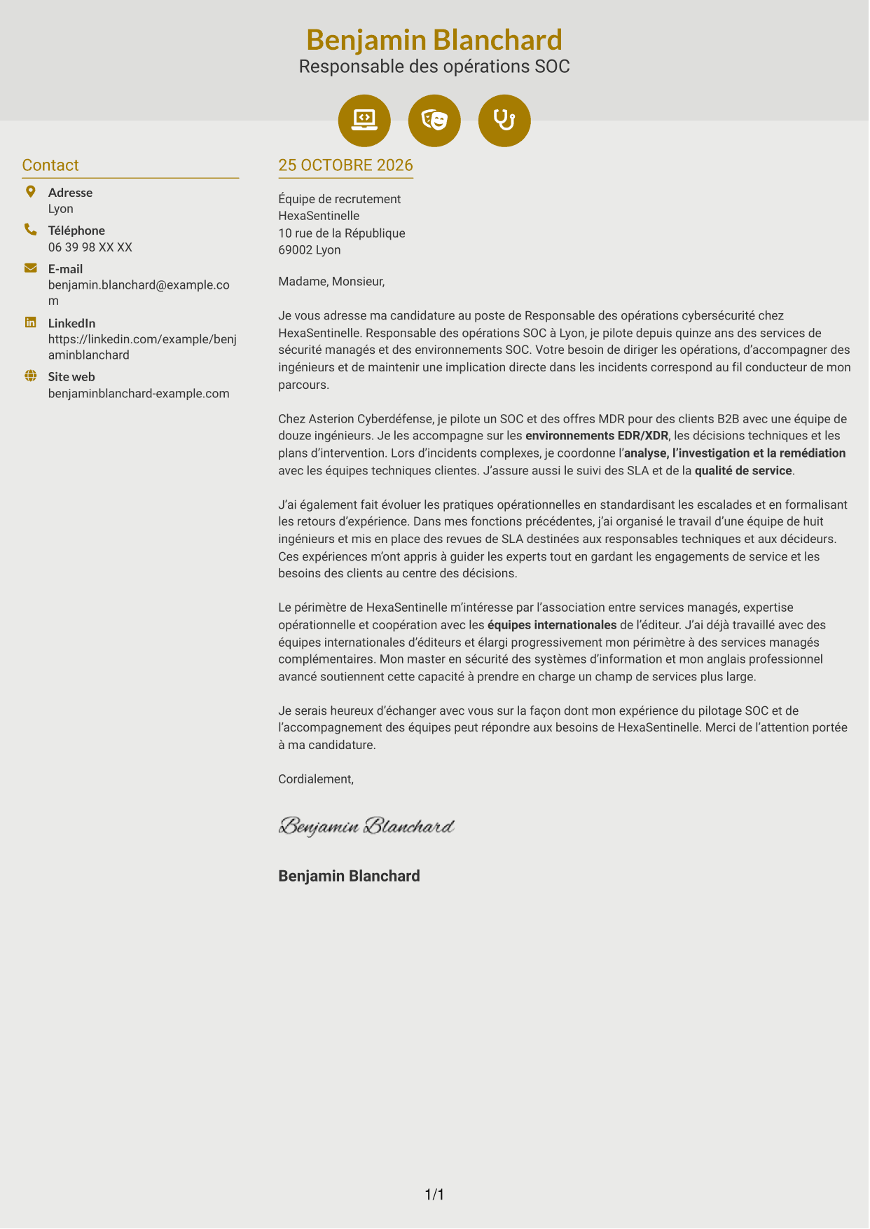 Lettre de motivation Dynamique (format à deux colonnes avec icônes) : Responsable des opérations cybersécurité, page 1