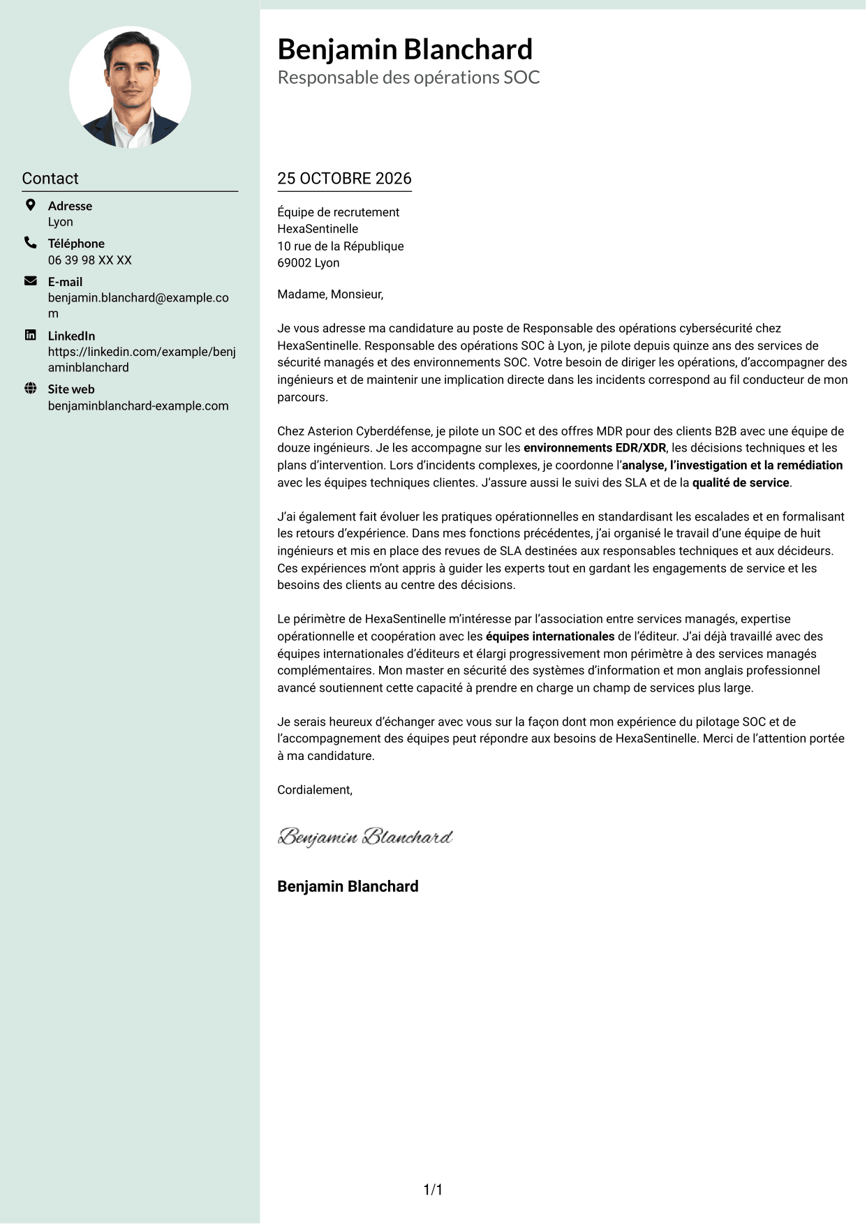 Lettre de motivation Cadre (format à colonne latérale douce avec photo arrondie) : Responsable des opérations cybersécurité, page 1