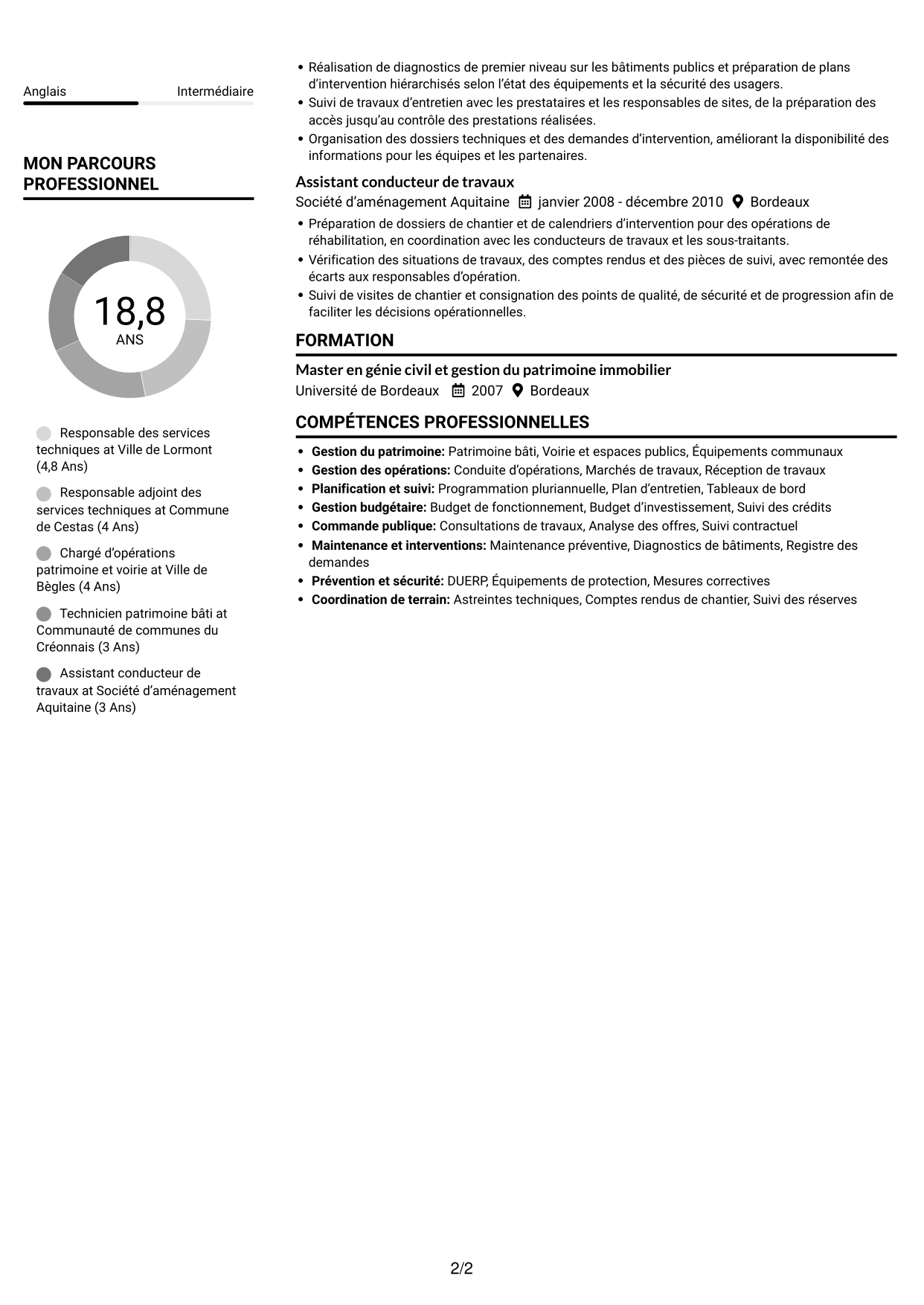 CV Compact (format sobre à deux colonnes avec photo) : Responsable des services techniques - Patrimoine bâti et travaux, page 2