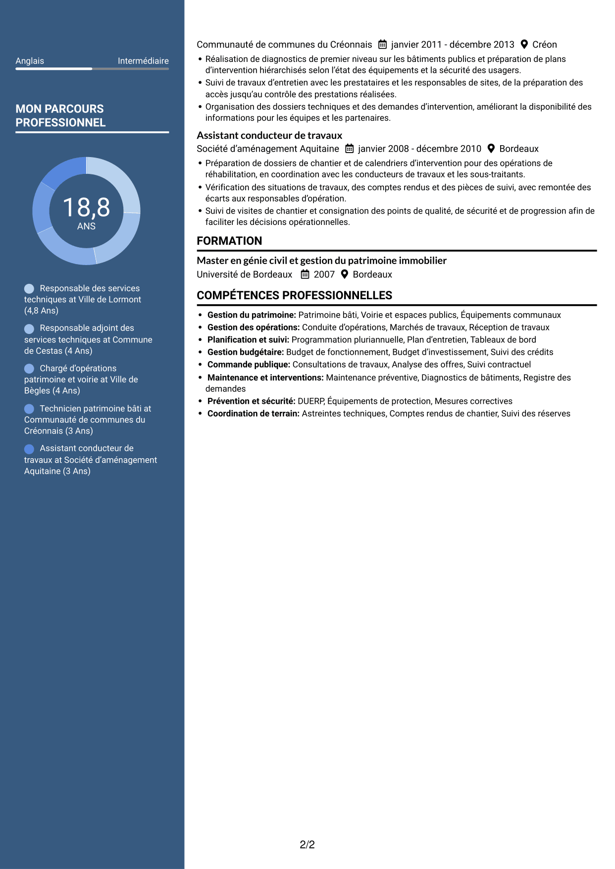 CV Élégant (format à colonne latérale colorée avec photo) : Responsable des services techniques - Patrimoine bâti et travaux, page 2